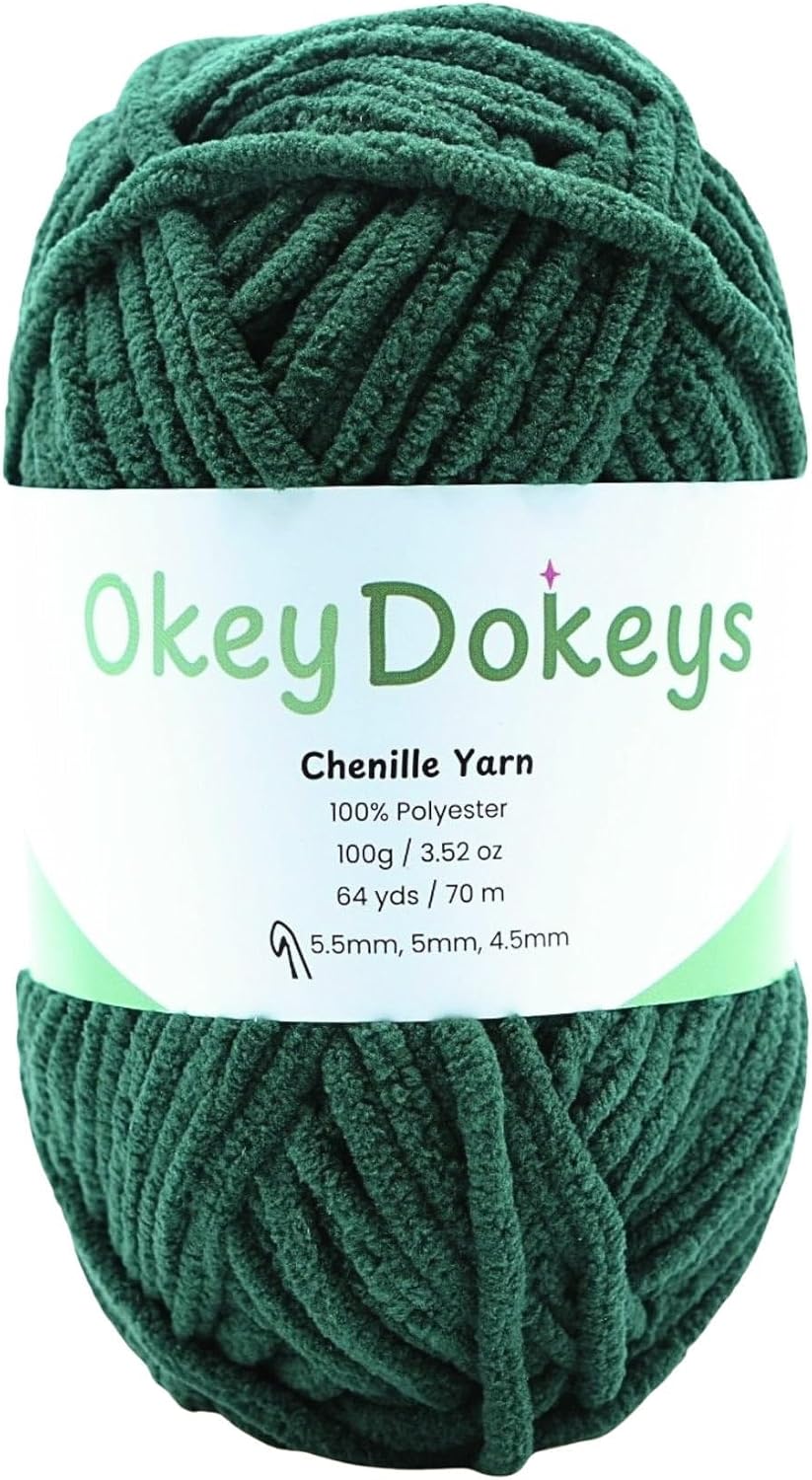 Okeydokeys Super Bulky Chenille Yarn Size 6, 3-Pack (300g/228y), Thick Fluffy Yarn for Crocheting Baby Blankets, Amigurumi. Pine Needle Green #54