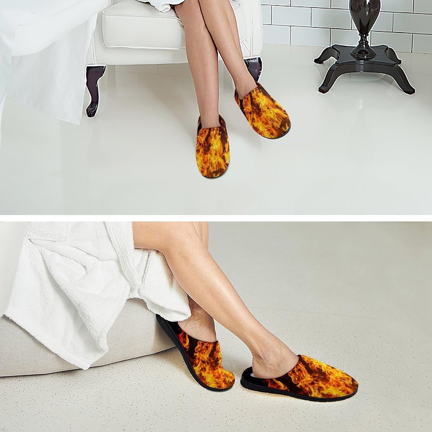 Big Fire Flames on Black Women's House Slippers Memory Foam Warm Shoes Spa Rubber Sole Indoor Outdoor