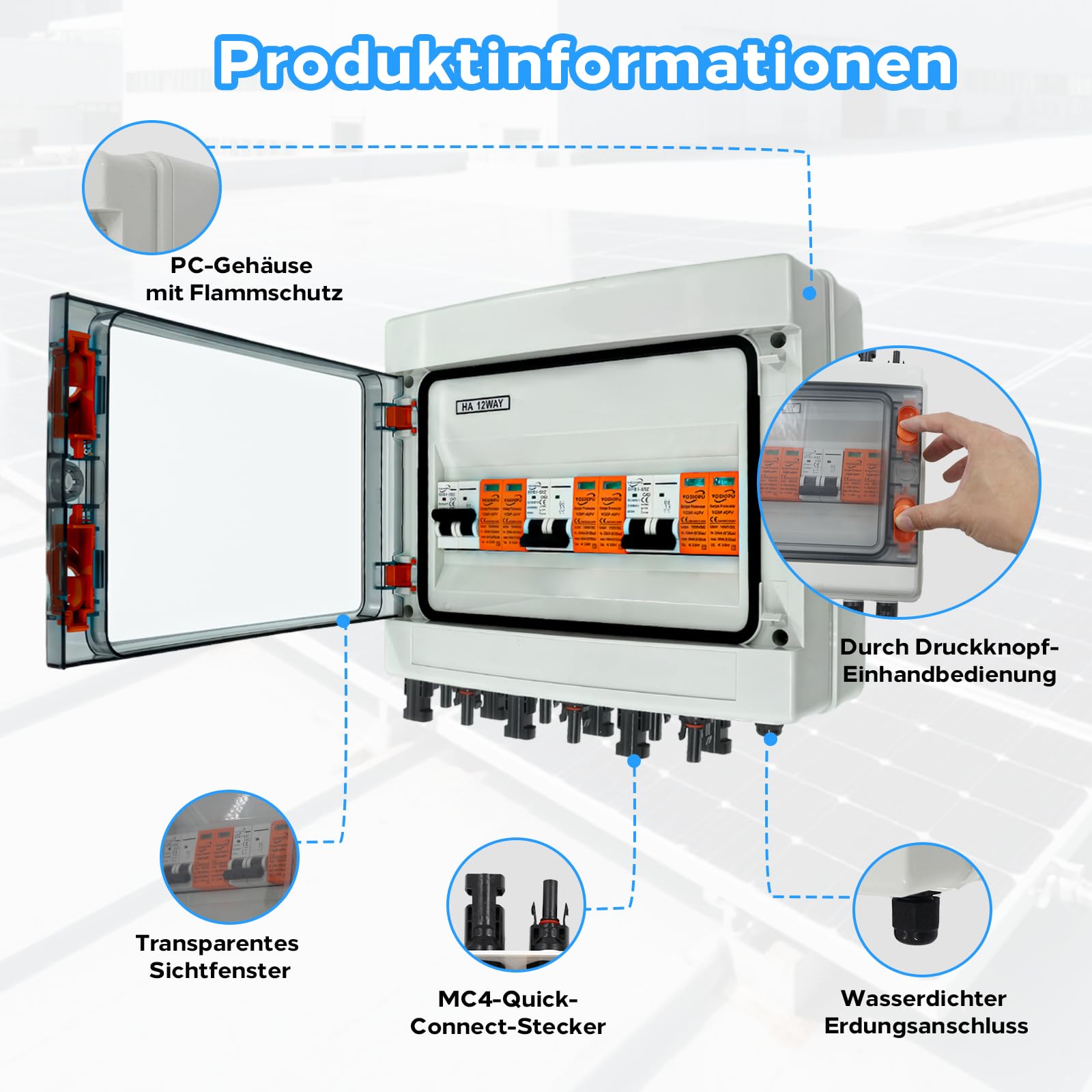 Überspannungsschutz PV, 3 Strings Solar Anschlusskasten 40A/1000V DC Trennschalter, Blitzschutz Leitungsschutzschalter, Solar PV Anschlusskasten IP65 Wasserdicht