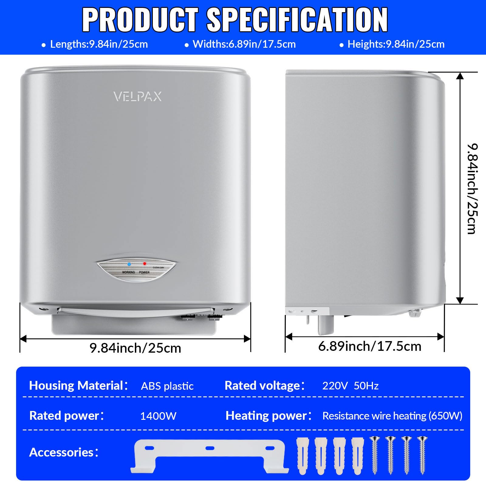 VELPAX Secador de Manos,1400w secador de Manos eléctrico de Ahorro de energía de Alta Velocidad automático, 5-7 Segundos de Secado para secar para baños, cocinas aseos