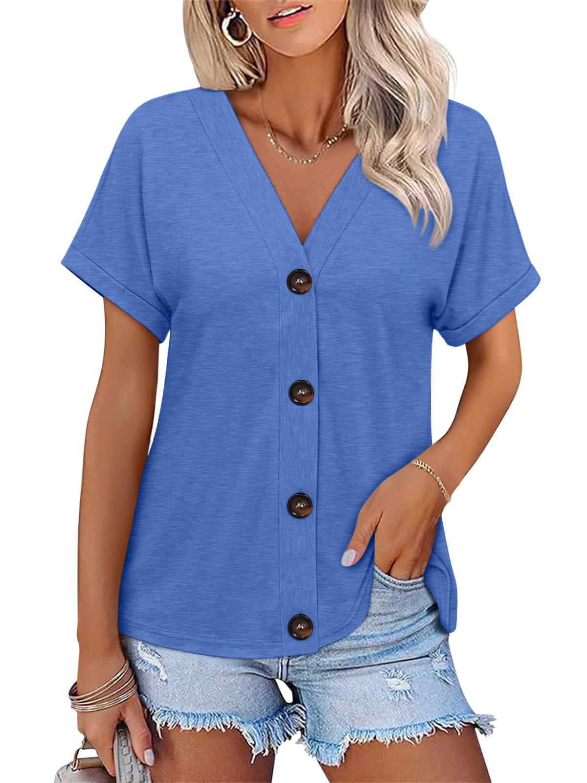 TICTICMISS Womens Summer Tops Short Sleeve Button Down Shirts Casual V Neck T Shirts Trendy Tunic Tops