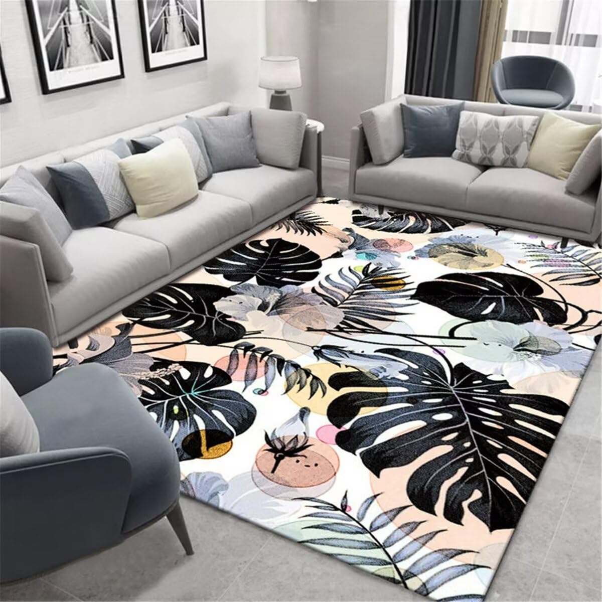Tapis Lavable en Machine Salon pour Chambre Fille Feuilles colorées Tapis de Chambre Design Floral Confortable Anti-salissure Tapis De Chambre Ado 160X200CM