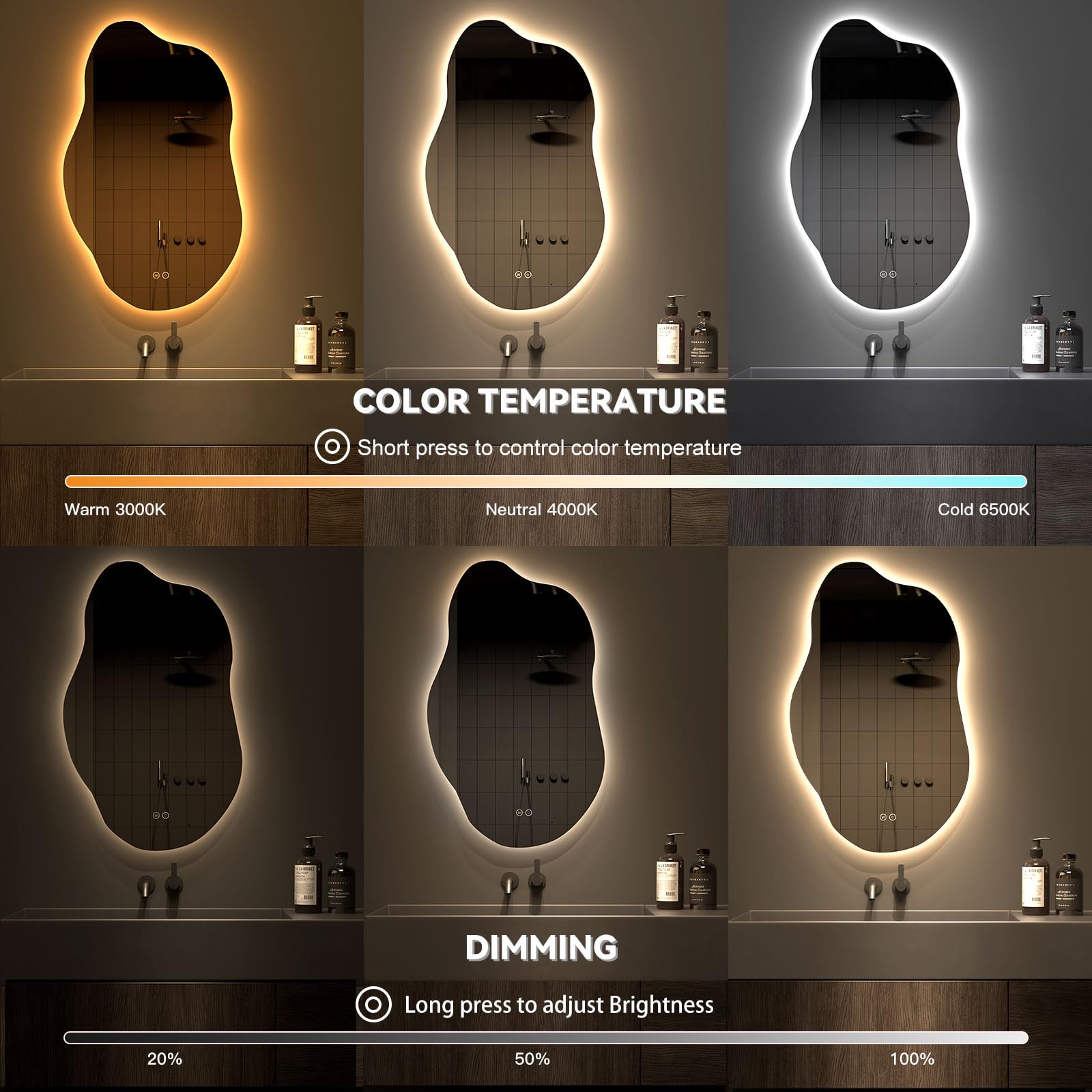 Miroir De Salle De Bain LED Asymétrique Dripex 52x85 Cm - Anti-Buée - 3 Couleurs & Intensité Réglables - Interrupteur Tactile - IP44
