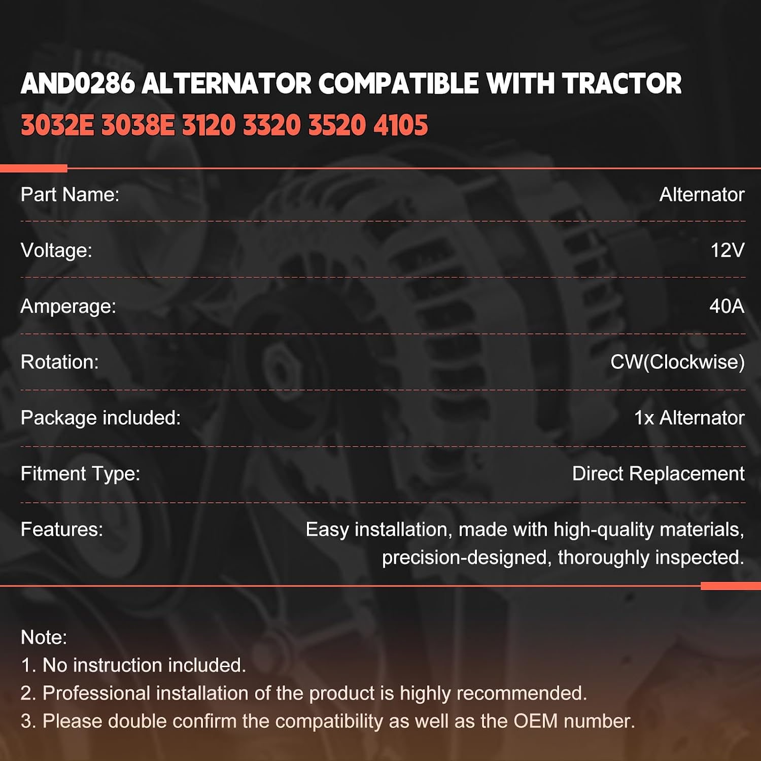 AND0286 Alternator 12V 40A Compatible with Case Excavator CX27B for John Deere 27D 1023E 1025R Tractor 3032E 3038E 3120 3320 3520 4105 ND101211-1170 ND9761219-117 Engine Replaces Parts