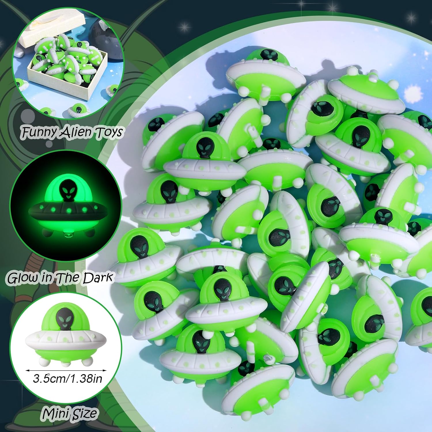 CroBlissful 30 Pcs Glow in the Dark Mini Alien Figurines, Spaceship image 3