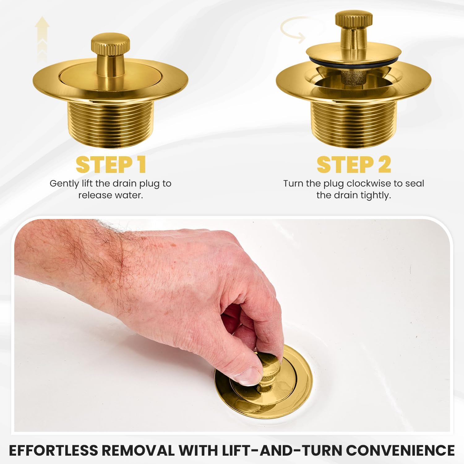 Brushed Gold Bathtub Drain - Lift and Turn - Gold/Brass Tub Drain, Overflow Drain Cover, and Tub Drain Replacement Kit - Solid Brass - Professional Grade - Fits 1-3/8" and 1-1/2" image 3