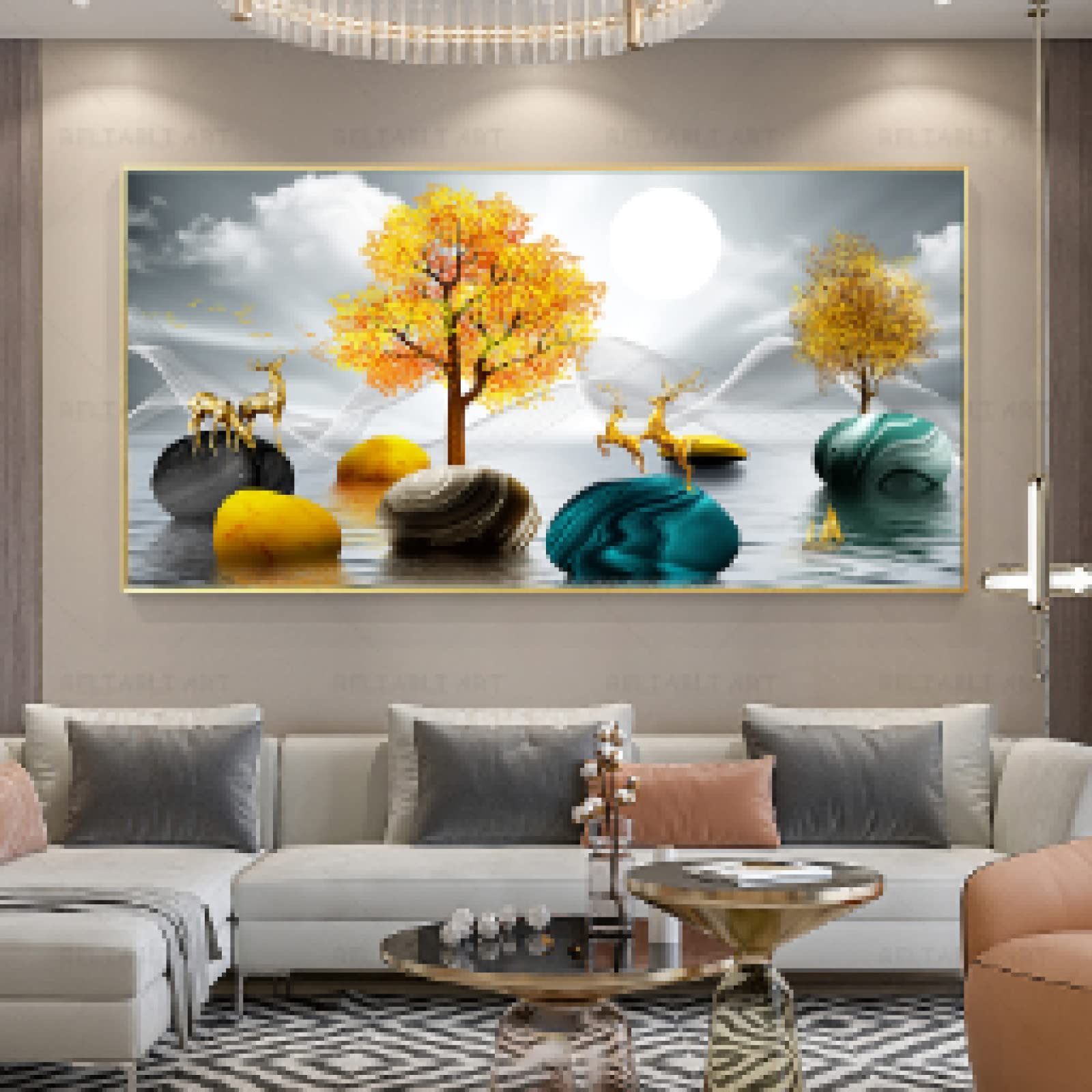 Peinture Toile Mur Art Chinois Lucky Stone Toile Séjour Grand Format 70x140