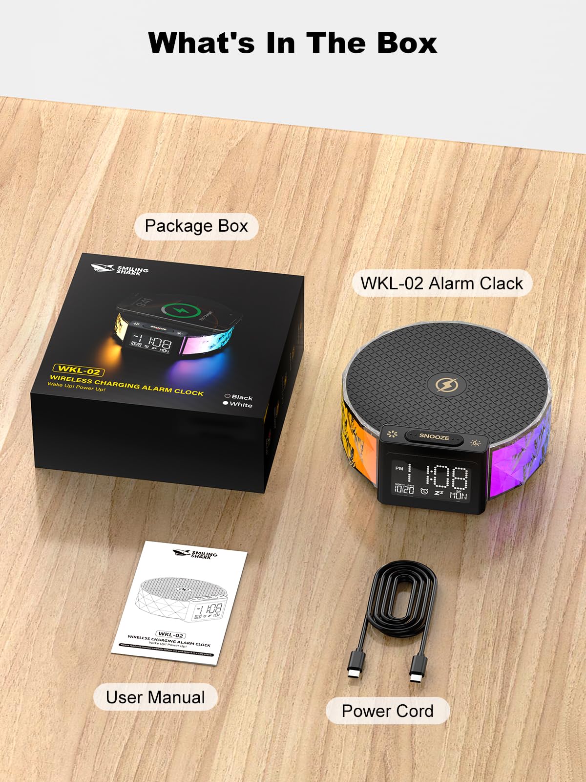 Smiling Shark Lampada Sveglia, Intelligente Sveglia Luce Ricarica Wireless con Timer Snooze Controllo Touch 3 Luminosità e Effetto RGB Wake Up Light Alarm Clock Charger per Comodino