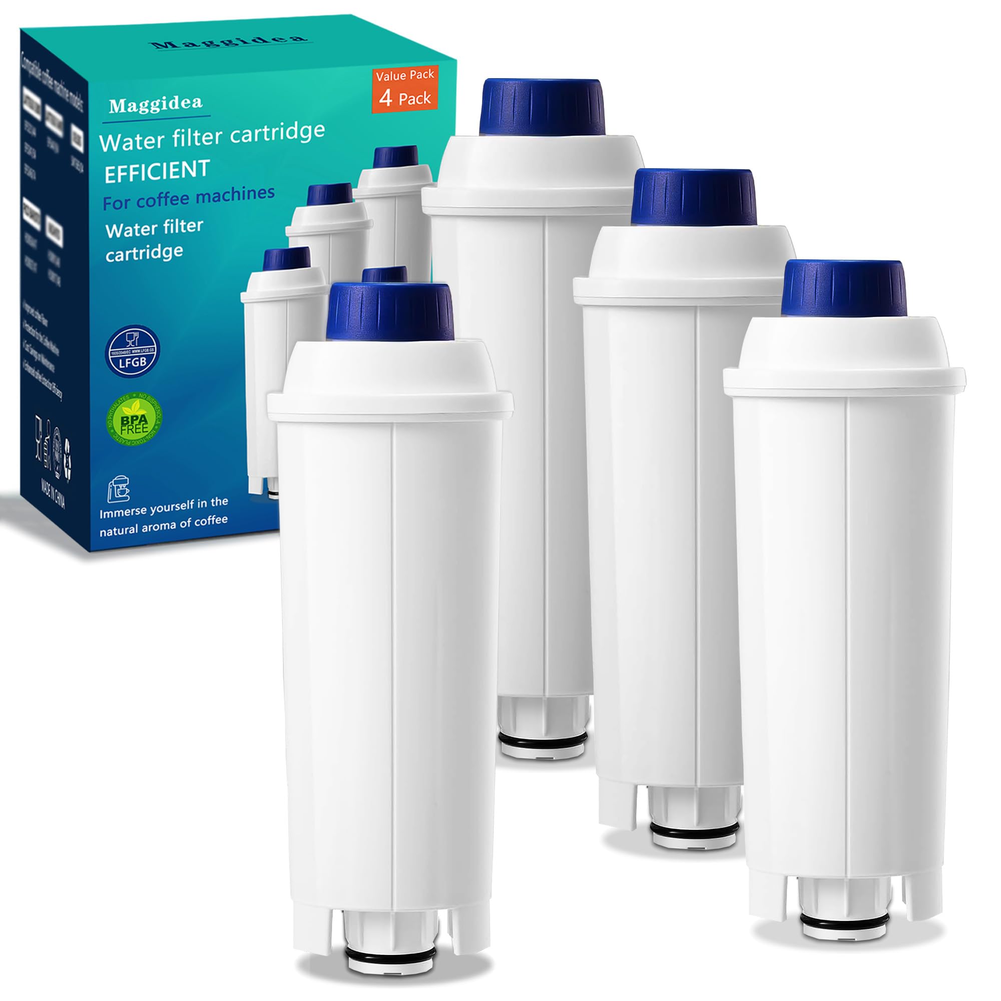 DLSC002 Water Filter Replacement for De'longhi Coffee Machines, Activated Carbon Water Softener Filter, Compatible with Magnifica Evo, Dinamica, Eletta, ECAM, ESAM, ETAM, BCO410/420, EC680/800, 4 Pack