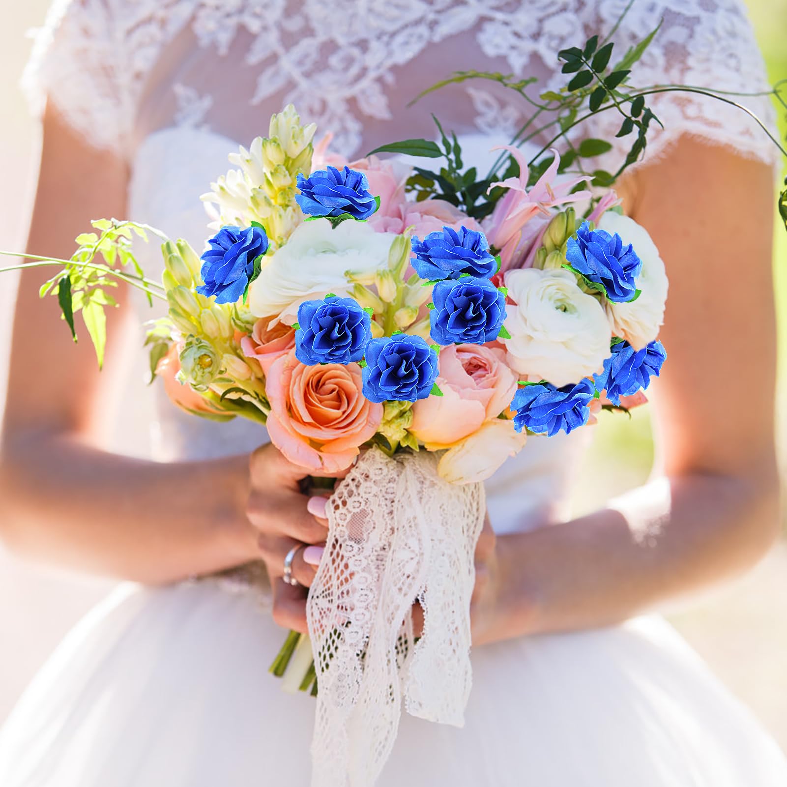 TNSLAND 20 pezzi di fiori artificiali per fai da te, decorazione floreale in tessuto da cucire, fiori blu per copricapo, decorazione per feste, casa, matrimonio