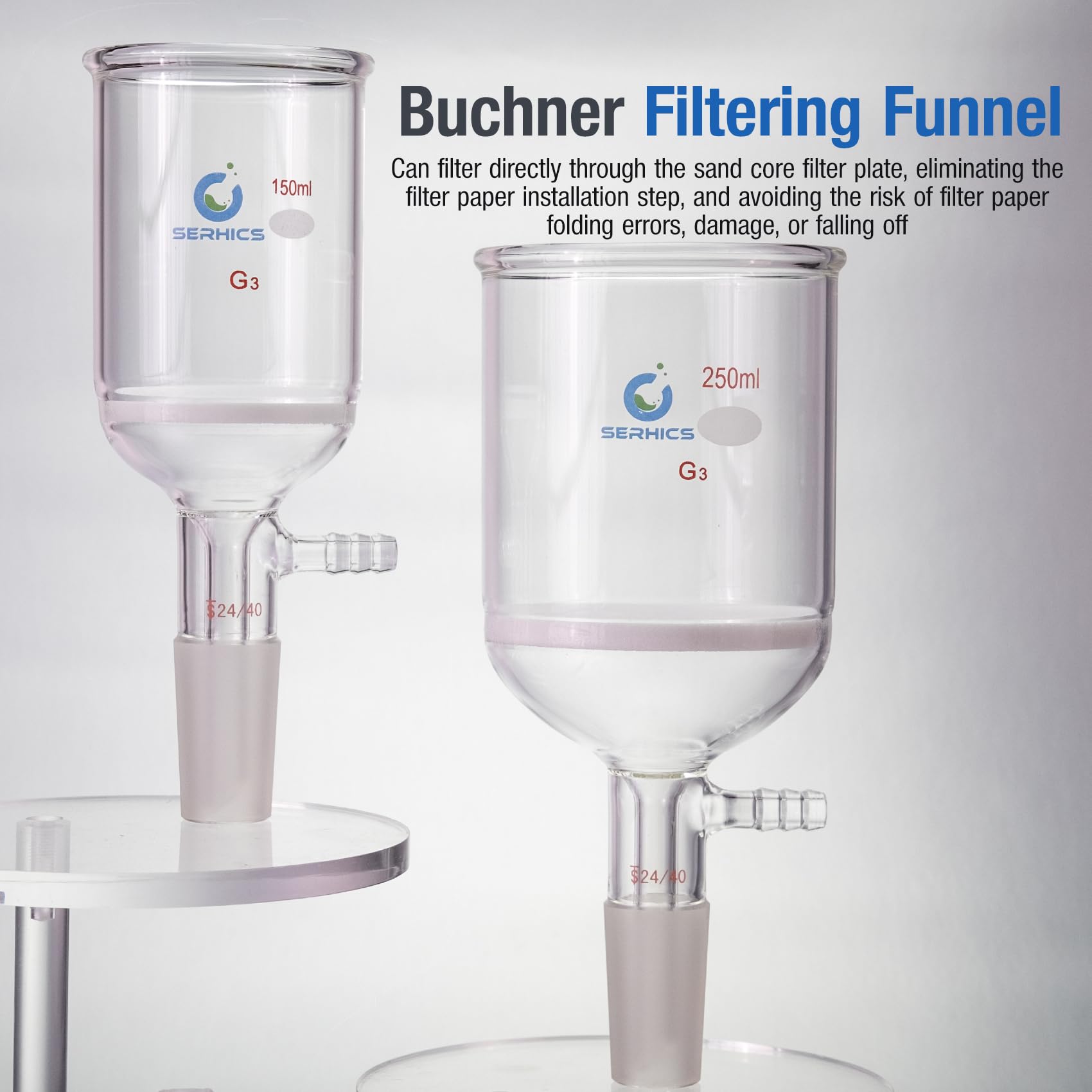 250 mL Glas Buchner Trichter mit feiner Fritte (G3), Borosilikatglas-Buchner-Trichter mit 24/40 Standard-Konus-Innenverbindung für den Laborgebrauch