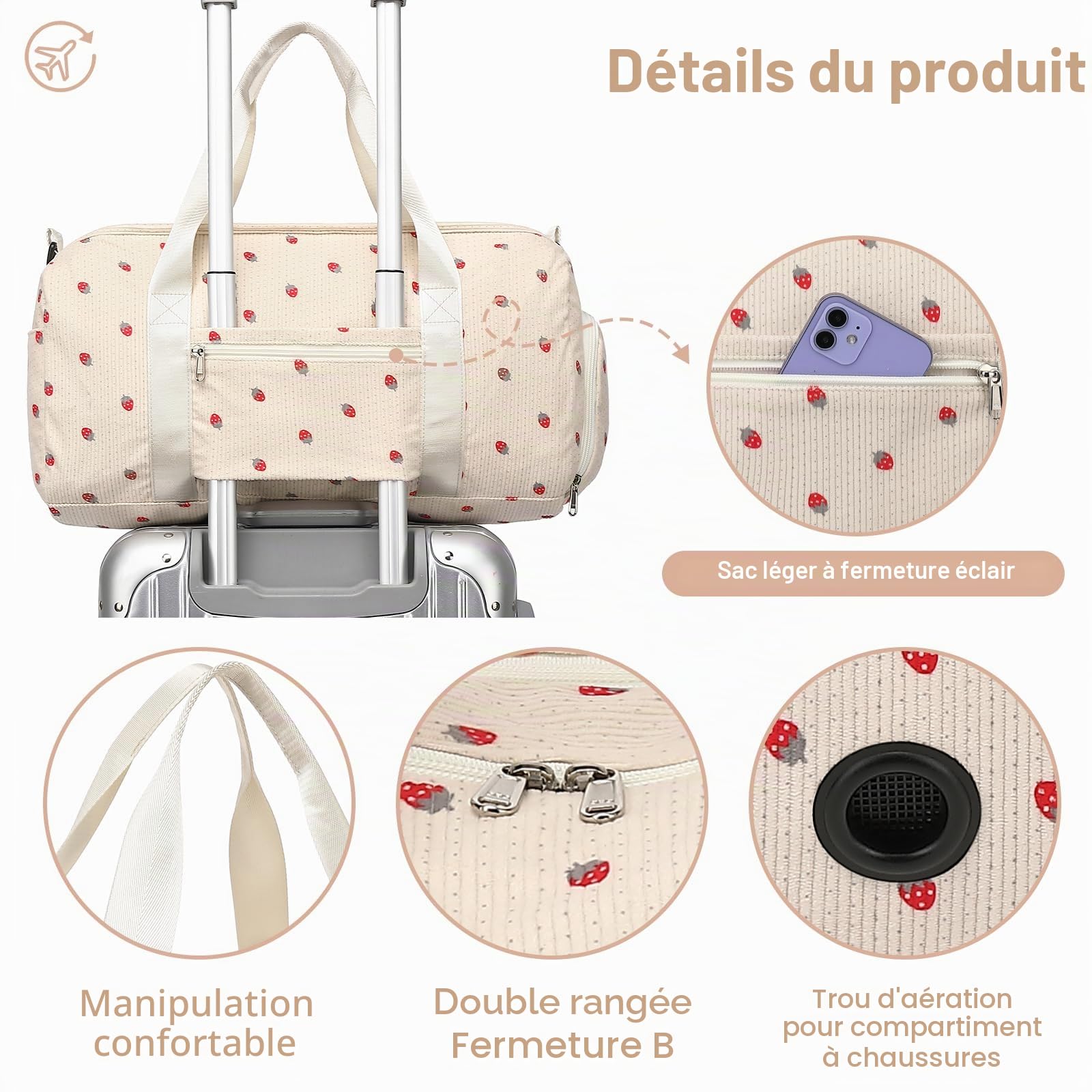 Sac de sport LEDAOU enfant compartiment chaussures humide velours côtelé rose fraise 46x22x23 cm