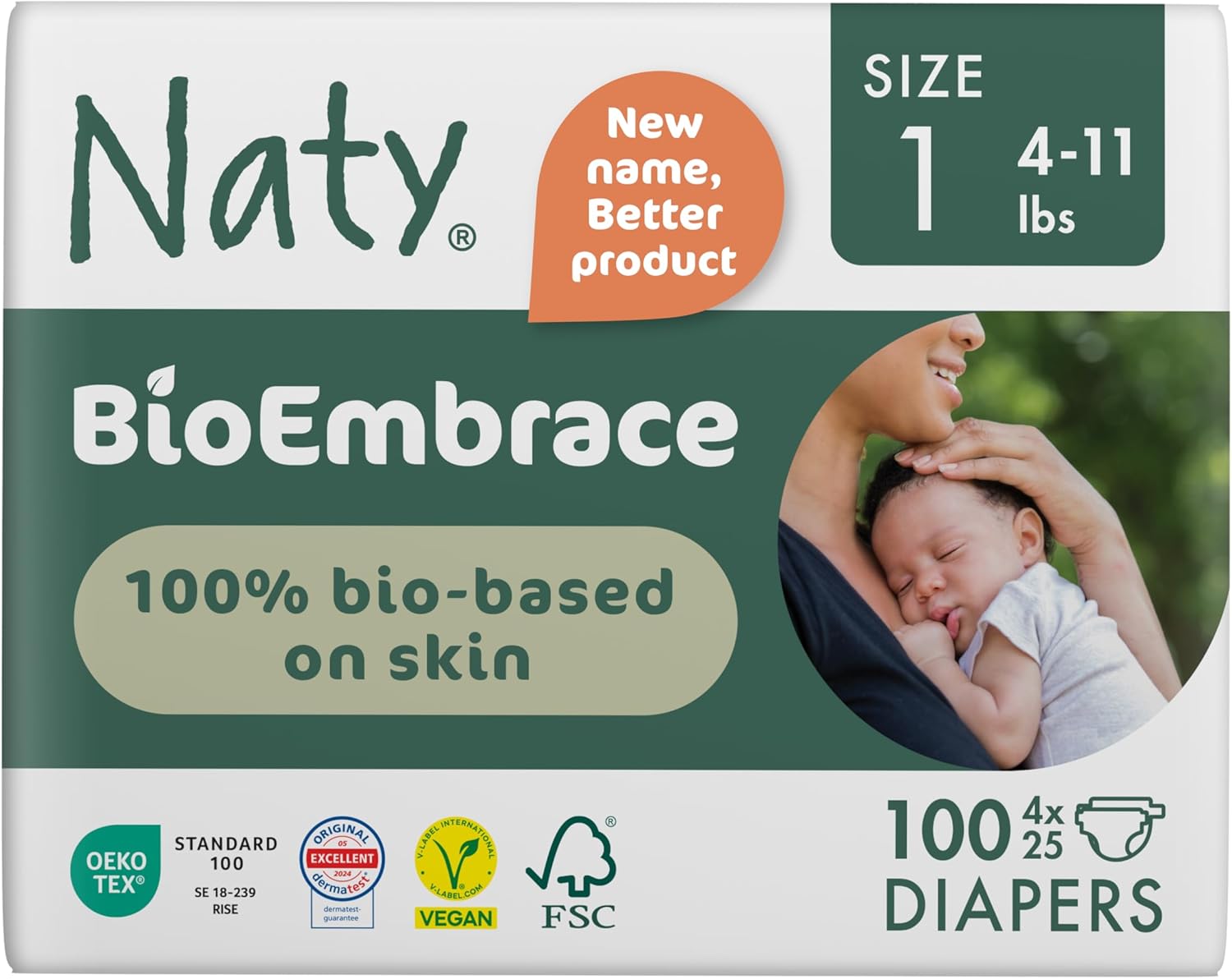 Naty BioEmbrace Baby Newborn Diapers Size 1 (4–11 lbs) | 100% Biobased on Skin | Plant-Based Softness | Dermatologically Tested, Super Absorbent | 100 Count
