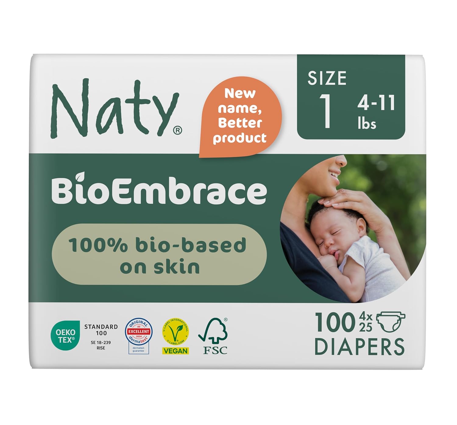 Naty BioEmbrace Baby Newborn Diapers Size 1 (411 lbs) | 100% Biobased on Skin | Plant-Based Softness | Dermatologically Tested, Super Absorbent | 100 Count