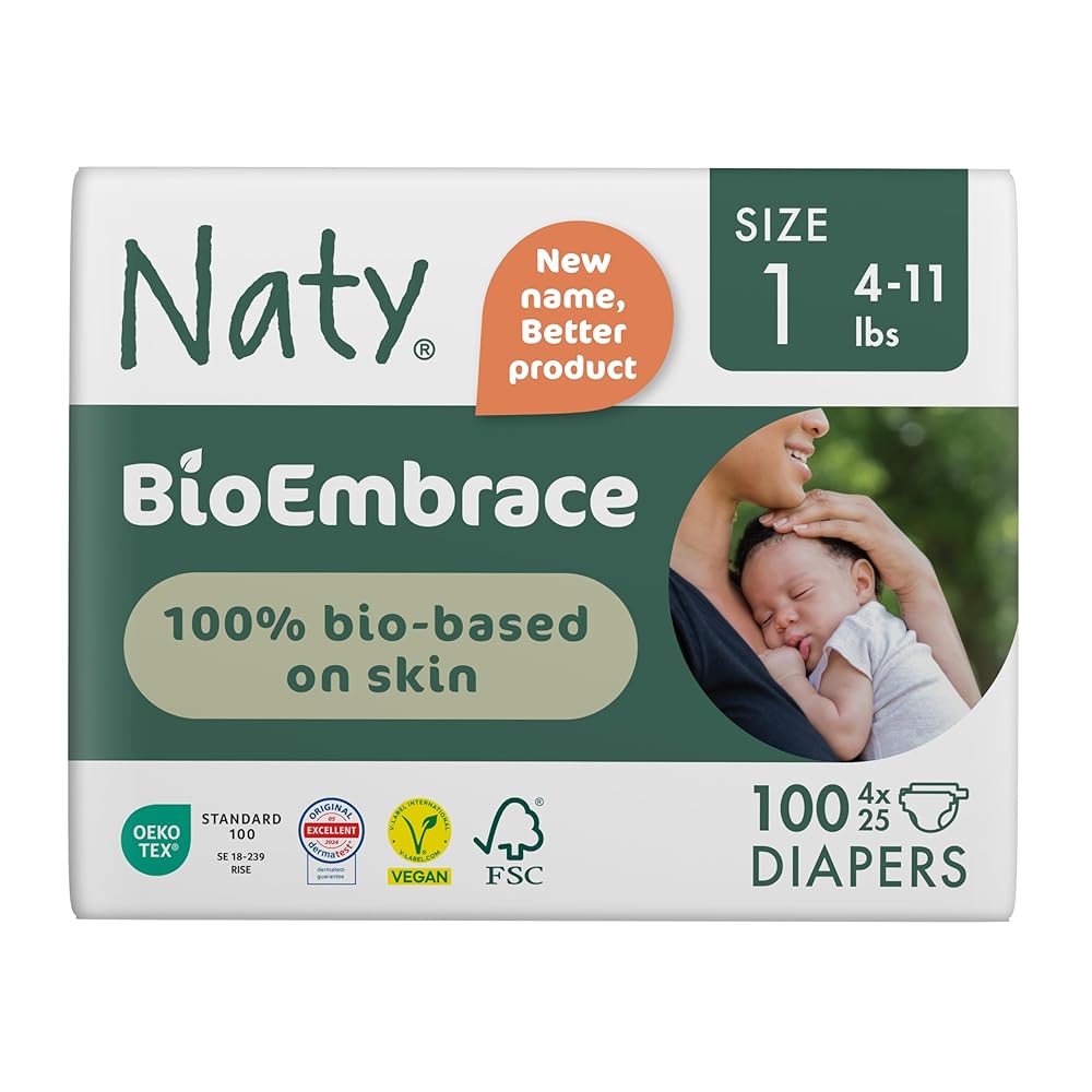 Naty BioEmbrace Baby Newborn Diapers Size 1 (4-11 lbs) | 100% Biobased on Skin | Plant-Based Softness | Dermatologically Tested, Super Absorbent | 100 Count