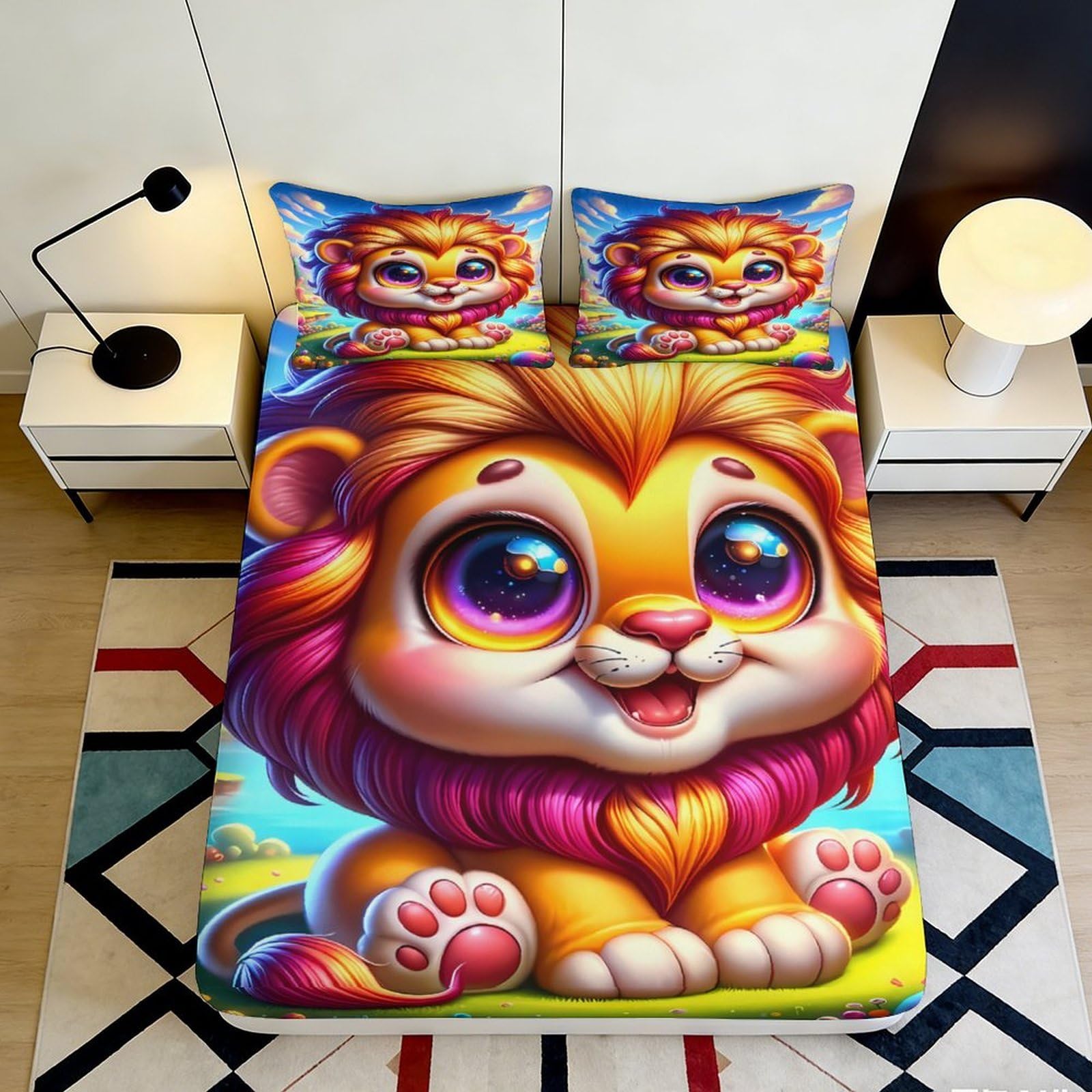 Pnayamiorkfel Style-9 3D Printed Cute Lion Cartoon Fitted Sheet Microfiber Non Slip Bed Cover For Bedroom Guest Room Dorm Mattress Decor 90X200x25cm
