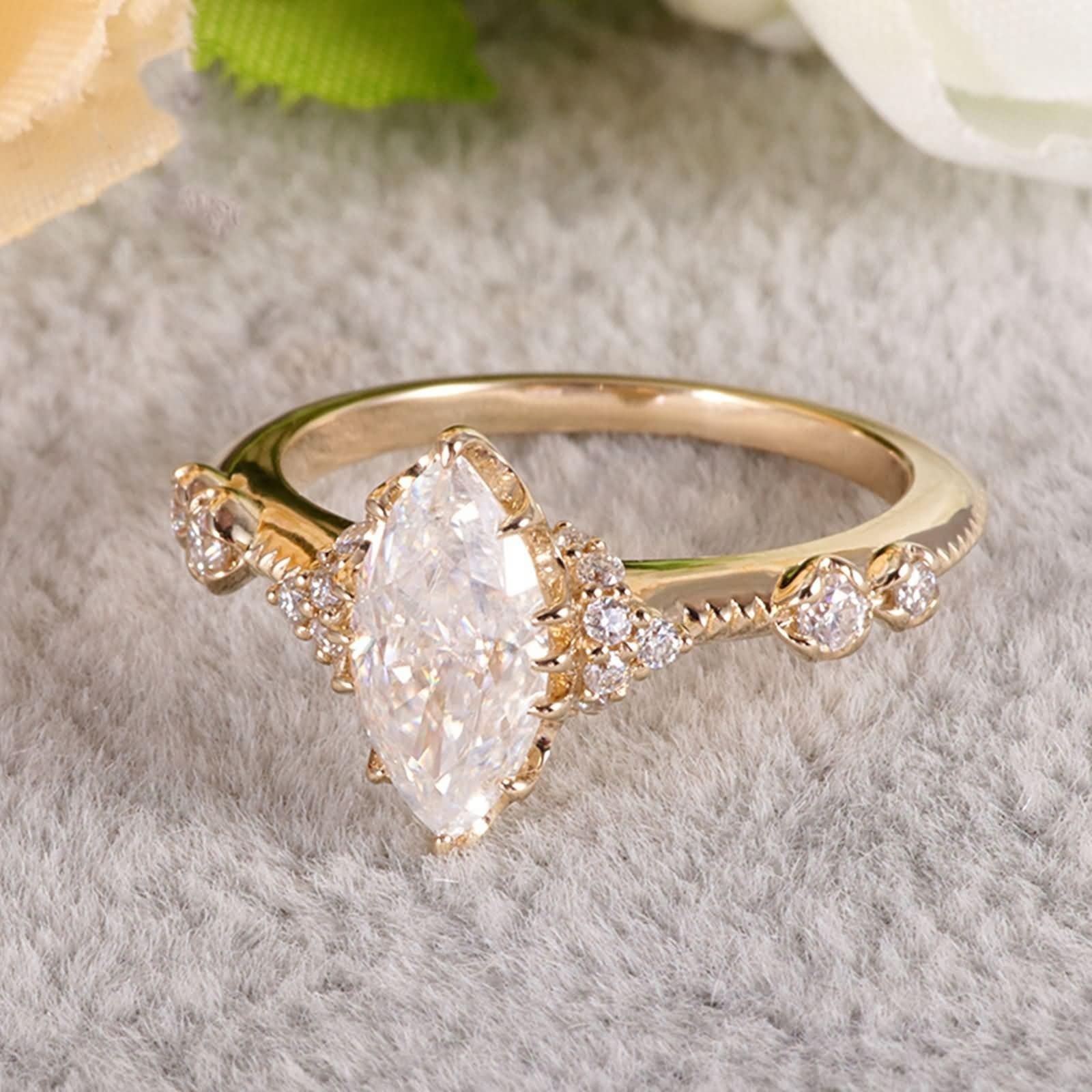 Anillo de oro para mujer 585 de oro auténtico de 14 quilates, anillos de parejas, blanco moissanita, marquesa, anillo de boda con forma de marquesa con moissanita, anillo para mujer