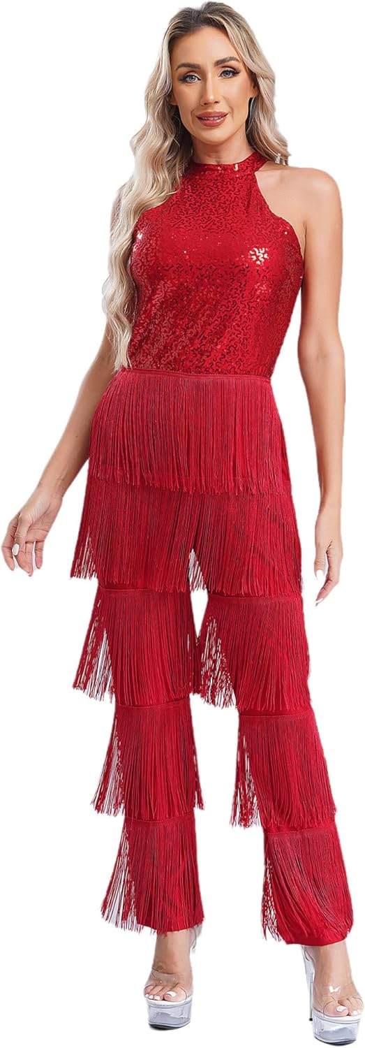 Womens Shiny Sequins Fringe Rompers Tassel Jumpsuit Latin Jazz Costume for Ballroom Rumba Tango Salsa