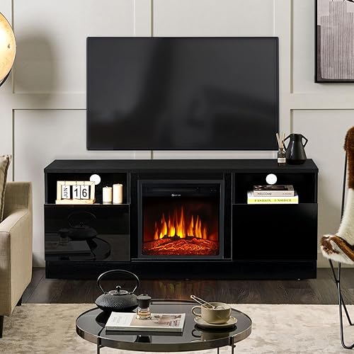 oneinmil Fireplace TV Stand with 18" Electric Fireplace, Entertainment Center, Modern Wood Texture Entertainment Stand with Highlight Storage Cabinet for TVs Up to 65", 58 inches,Black