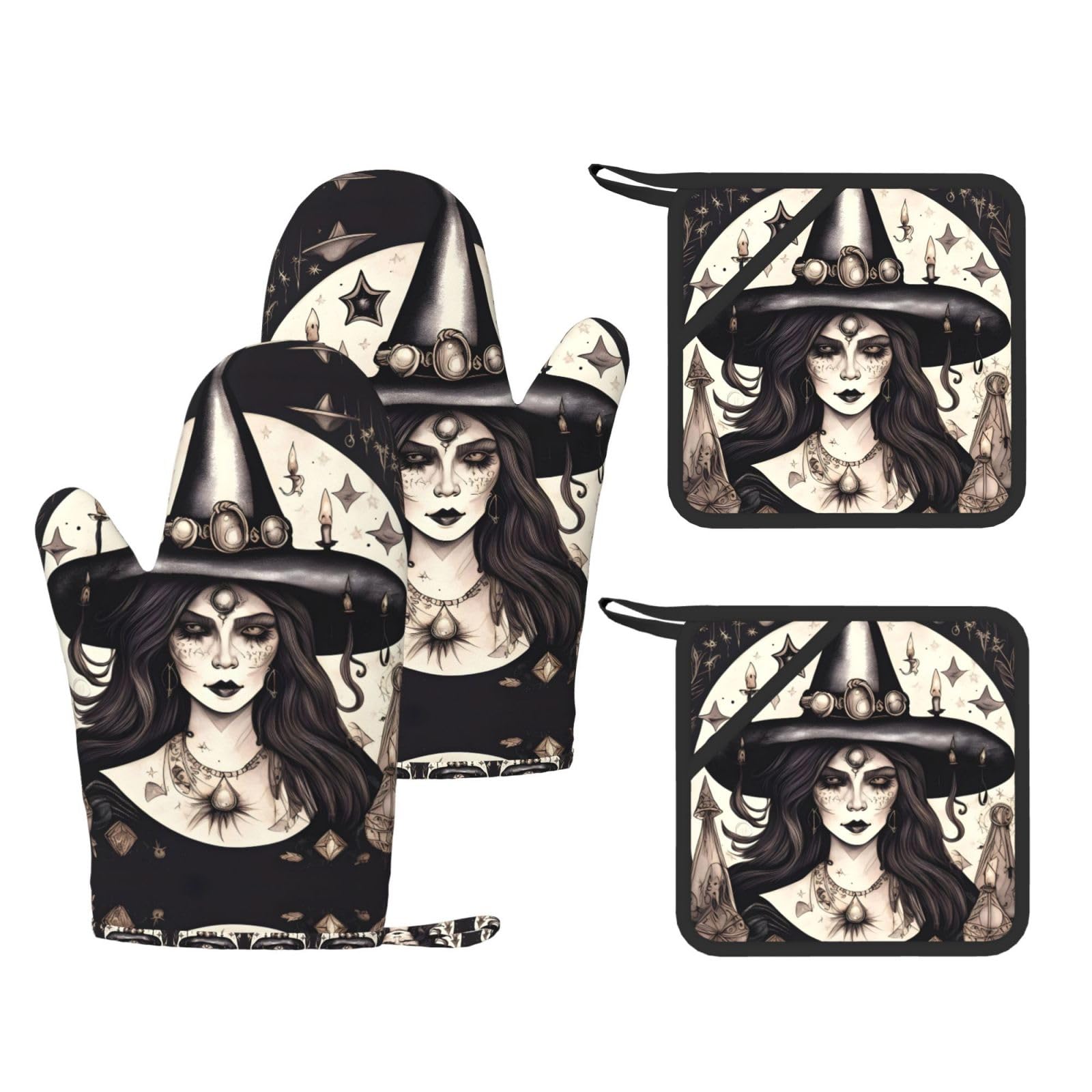 Magic Witch Witchcraft Bohemian Printed Kitchen Set with Heat Resistant Oven Gloves & Non-Slip Pot Holders for Daily Cooking