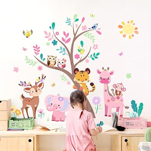 Miniatura 7 de Supzone Calcomanías de pared de árbol de animales de la selva, elefante rosa, jirafa, calcomanías de pared para niños y niñas, dormitorio, sala de