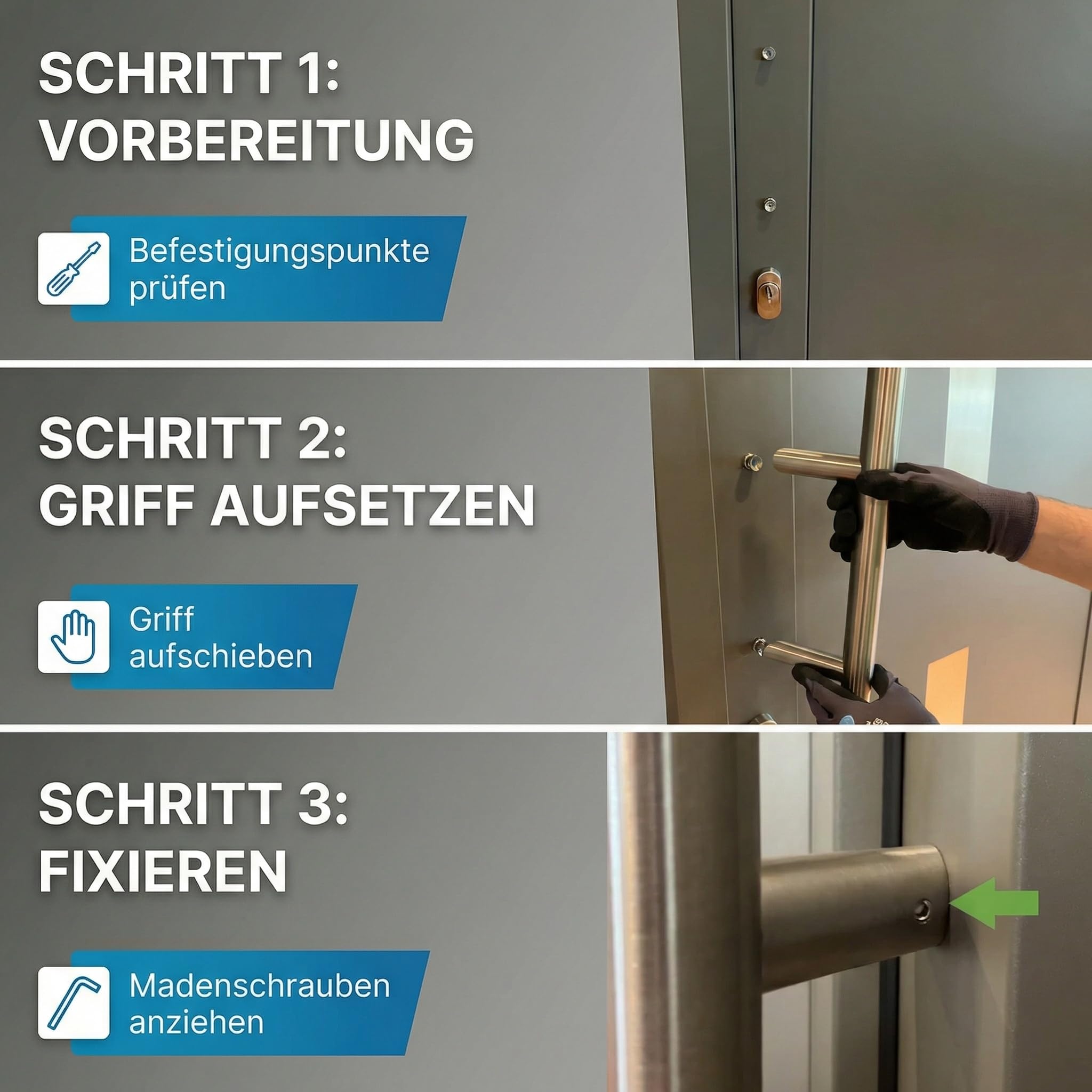 h heicko Vanessa Edelstahl Stoßgriff mit 45° Stützen – Haustürgriff Edelstahl matt gebürstet – Türgriff für Haus- & Schiebetüren – L = 320 mm/A = 200 mm – inkl. Montagematerial