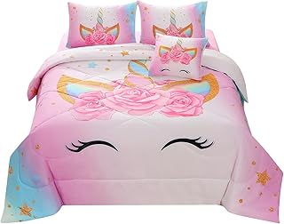 JQinHome Unicorn Twin Bedding Sets for Girls Kids,6 Piece Bed in A Bag 3D Colorful Flower Girl Unicorn Comforter Set with Sheet Set