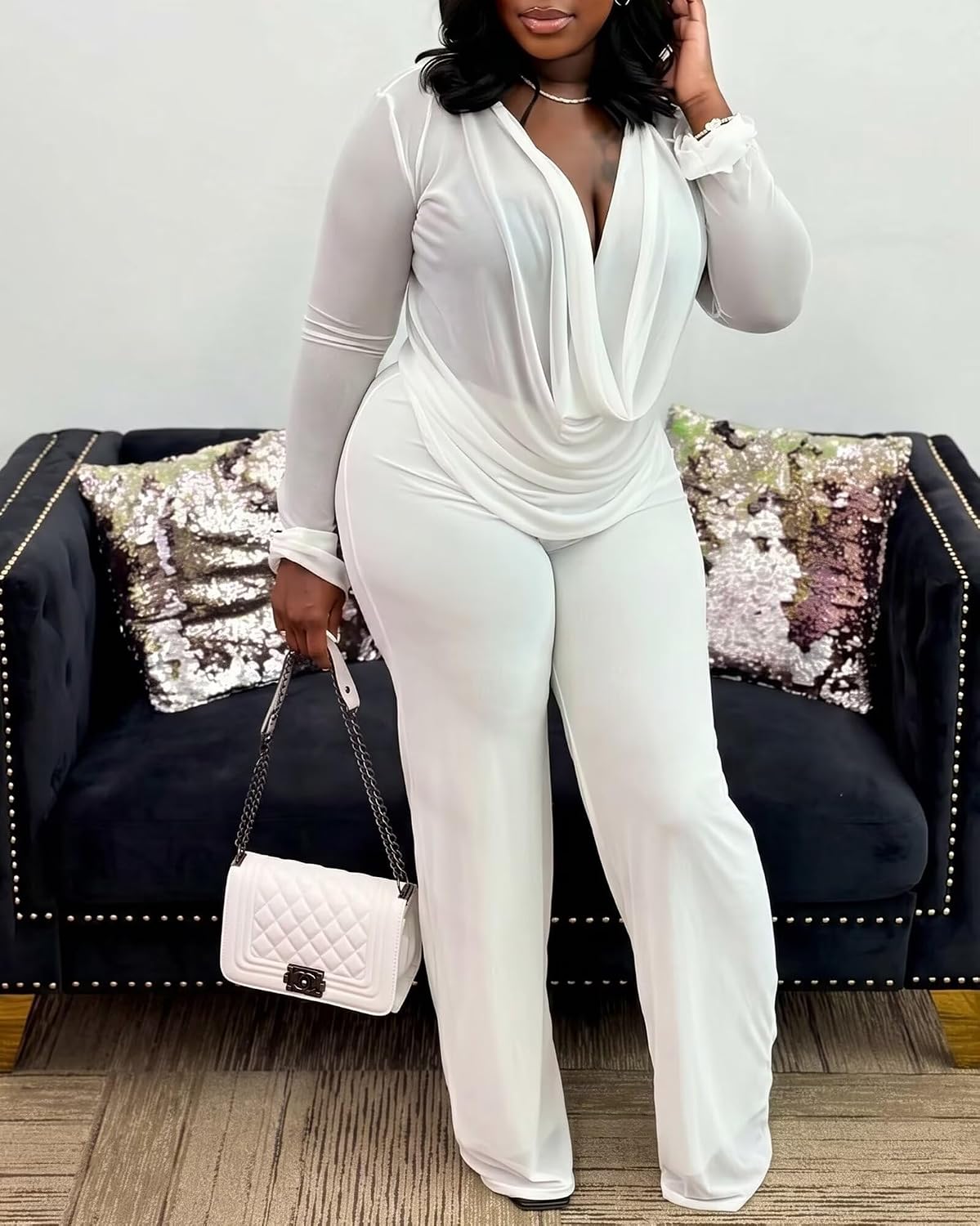 Women Mesh Two Piece Outfits See Through Cowl Neck Top and Long Pants Set Swimsuit Cover Up Beachwear
