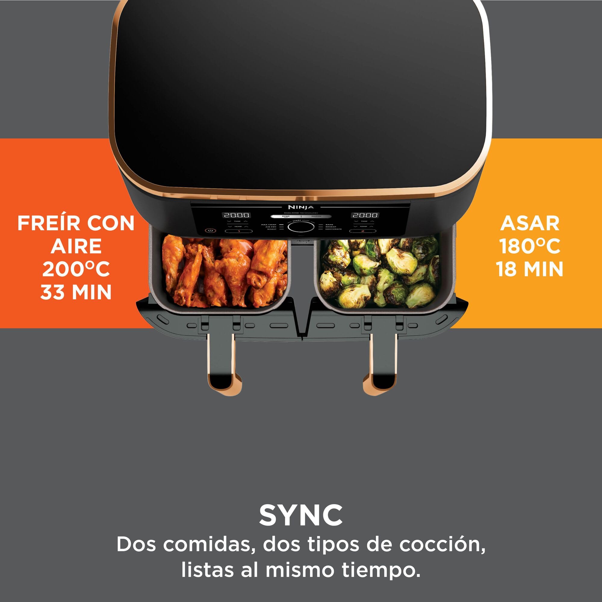 Ninja Foodi MAX Freidora de aire con compartimento doble, 9,6 l, 6 en 1, no usa aceite, Max Crisp, Asar, Hornear y más, pinzas, 8 porciones, cestas antiadherentes, en cobre y negro, AF400EUCP
