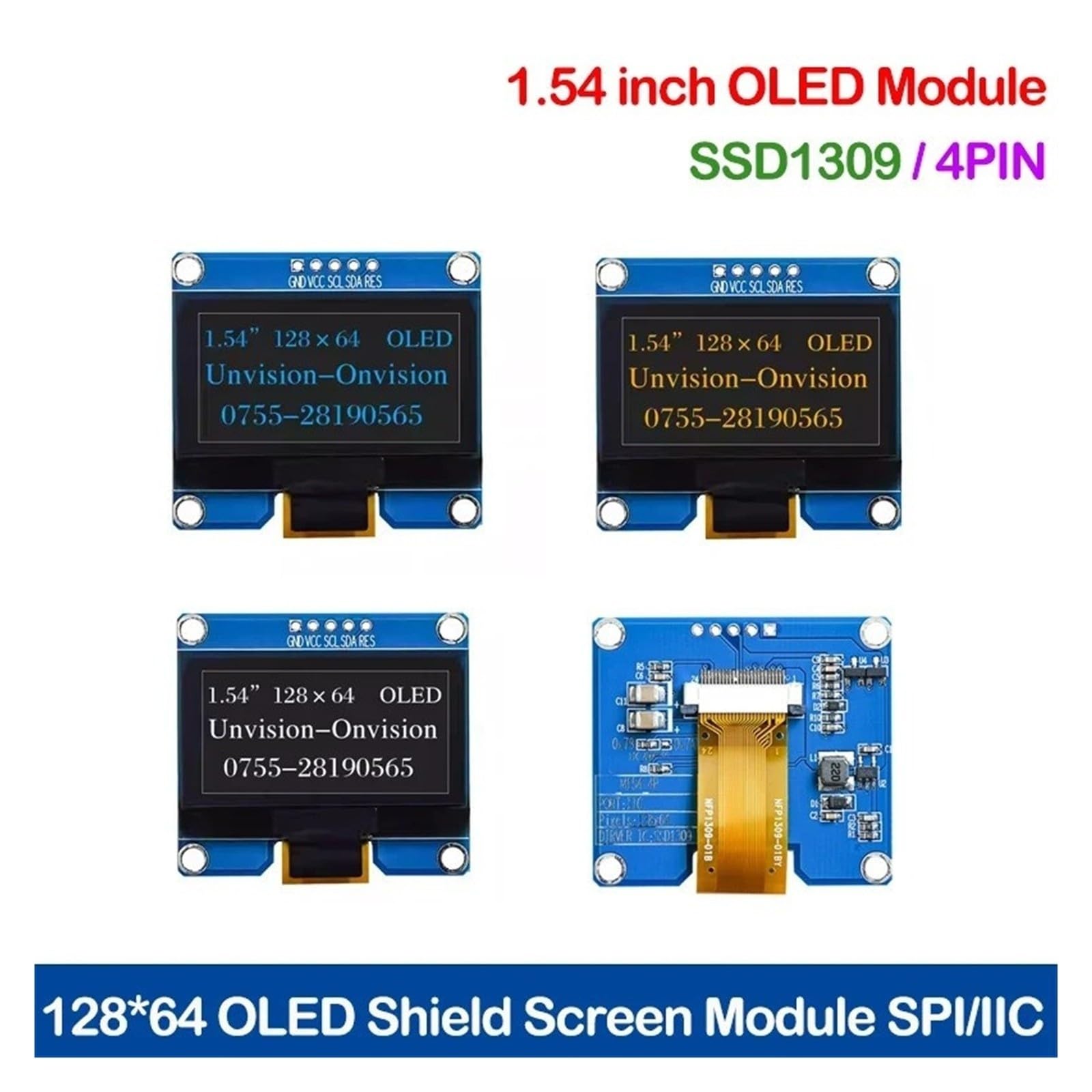 ChuFort 1,54-calowy moduł OLED 12864 Ekran LCD Wyświetlacz LED SSD1309 SPI I2C(Yellow 4Pin)