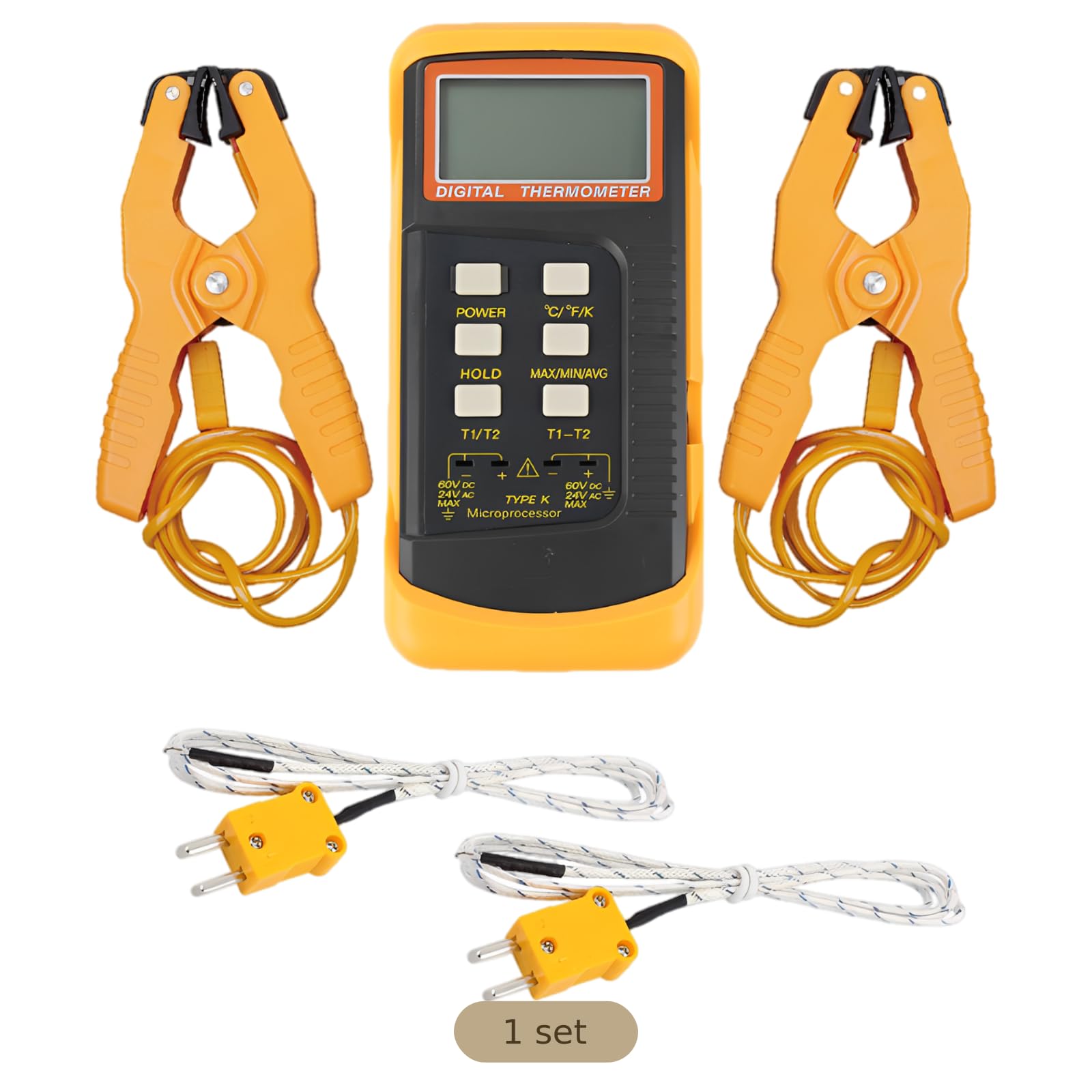 Dual-Kanal-Digitalthermometer mit K-Typ-Thermoelement, Metalltemperaturfühlern und Temperaturklemmen, Echtzeitberechnung der Temperaturdifferenz, LCD-Anzeige, ℃/℉/K umschaltbar