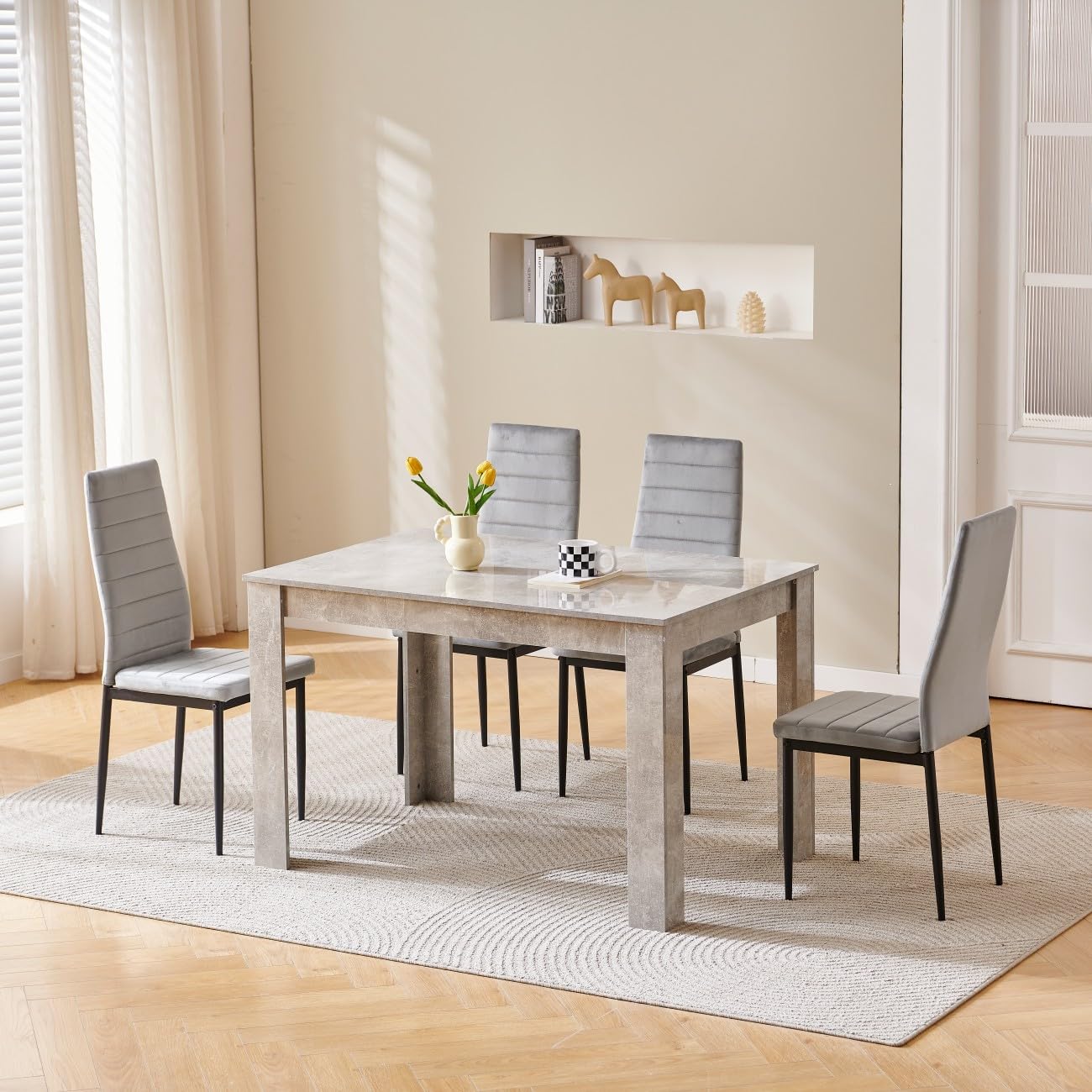 Homullel 120cm Glossing Dining Table and 4 Chairs, 4 Seater Kitchen Table and Chairs Set for Space Saving, Compact Dining Room Set for 4, 120x80 cm, Wooden, Beton Grey (4 Seaters, Flannel Grey) โ image 1