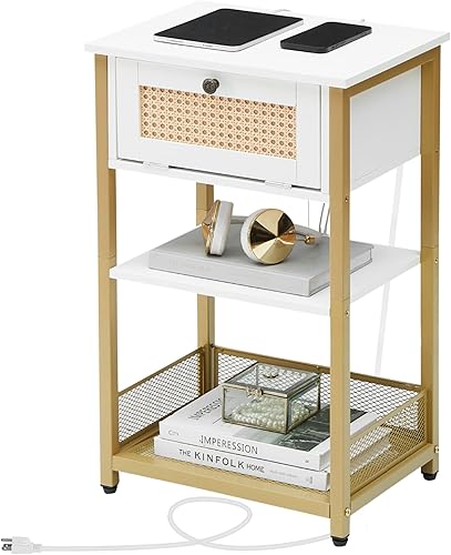 Miniatura 7 de Mesa auxiliar con estación de carga, puertos USB y tomacorrientes, cajón y estante de almacenamiento de 2 niveles, mesa auxiliar para sala de estar,