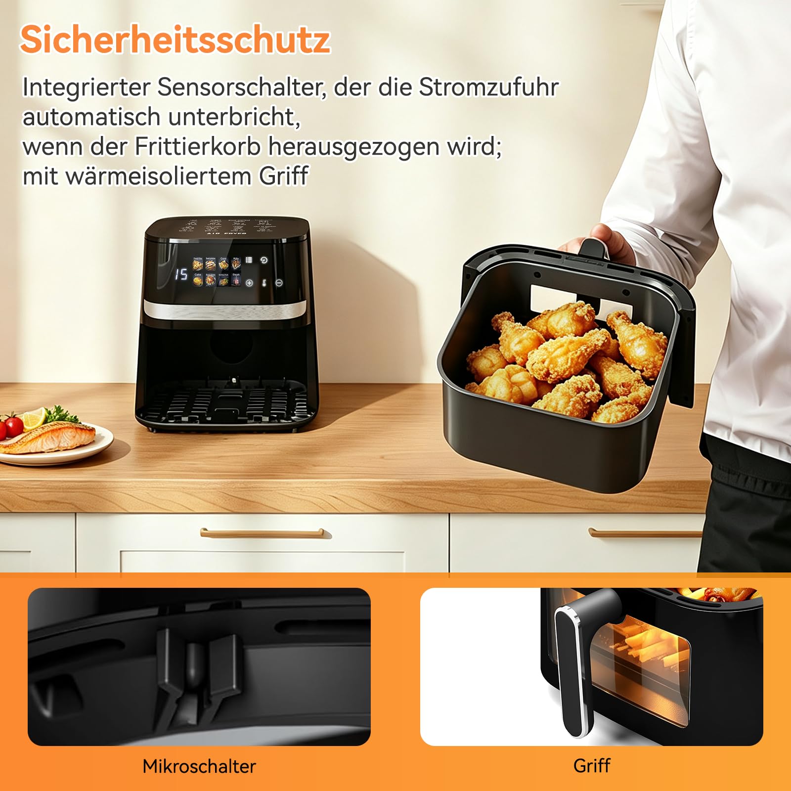 ARTETHYS Heißluftfritteuse 6,5L XL,1350W Airfryer mit 8 Programmen, Schwarz