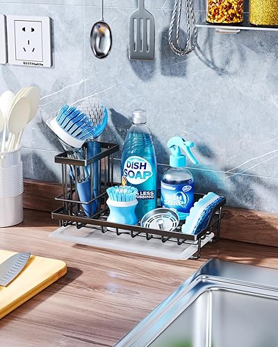 Miniatura 10 de Consumest Soporte de esponja para fregadero de cocina, organizador de fregadero de cocina con bandeja de goteo extraíble para encimera, dispensador