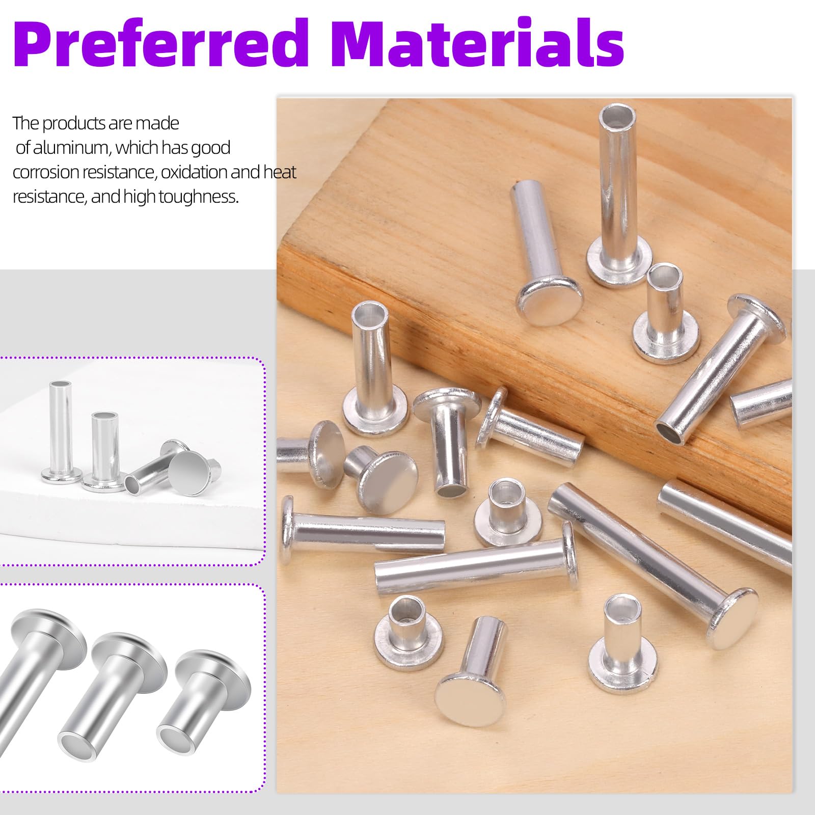 Swpeet 201Pcs 5 Sizes M5×6mm/12mm/20mm/25mm/30mm Aluminum Flat Head Semi Tubular Rivets with Punch Assortment Kit - Image 4