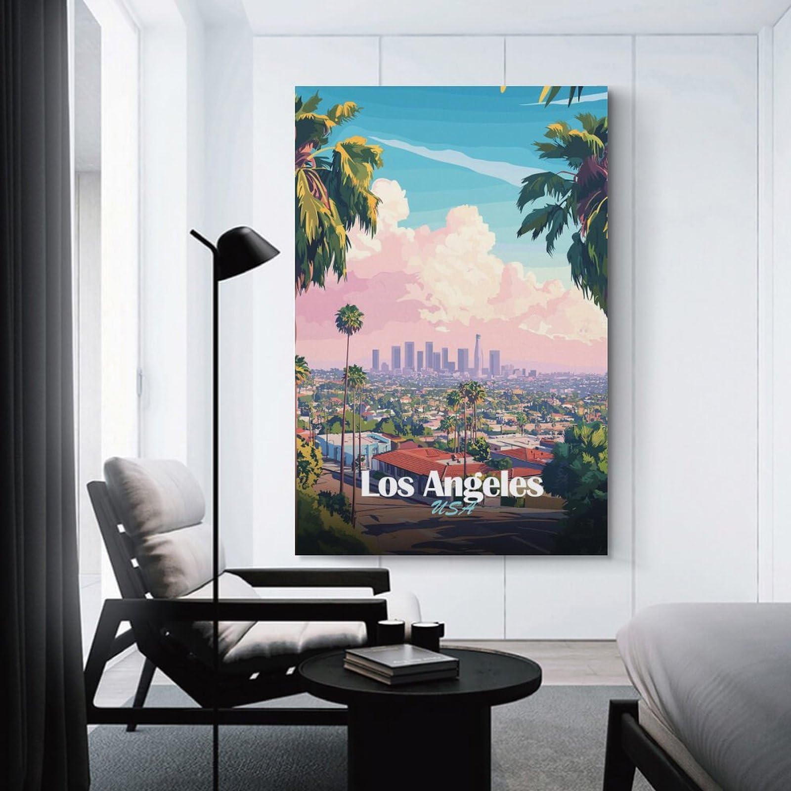 Junmoney Los Angeles Skyline Art Canvas Wall Decor 08x12inch(20x30cm), for Home Lounge, Bedroom Or Reading Nook, A Home Accent with Warm Character