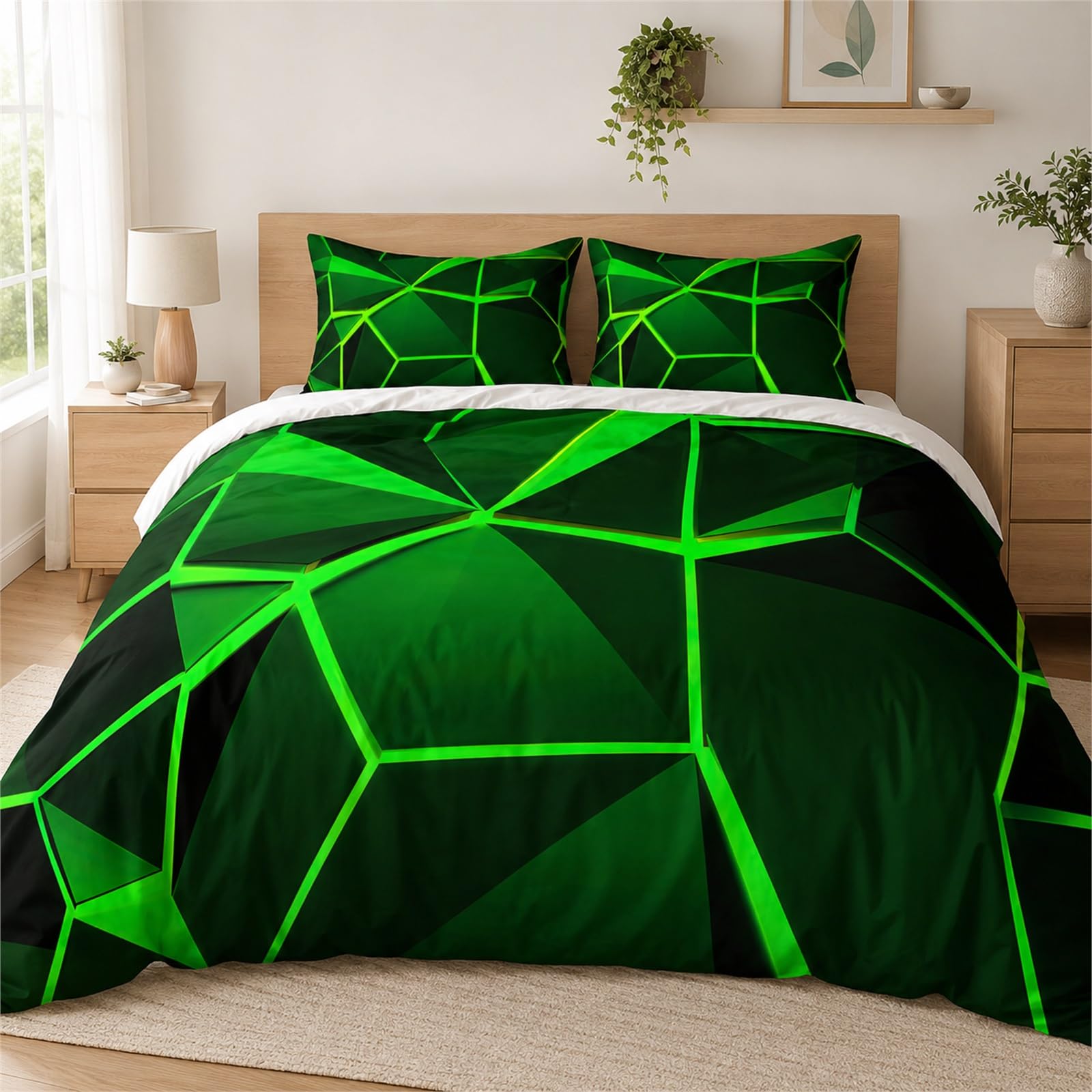 Tabeskly Boys Kids Geometric Triangle Bedding Geometry Triangular Polygonal Single Duvet Cover Sets with Zipper Black Neon Green 135x200 CM — image 1
