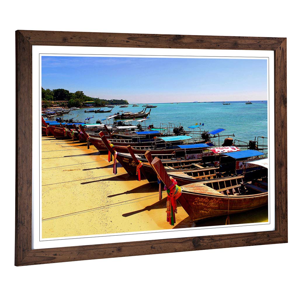 Big Box Art Framed Print of KOH Phi Thailand Boats Beach & Seascape Design | Wall Art Picture | Home Decor for Kitchen, Living Room, Bedroom, Hallway, Walnut, A2 / 24.5x18 Inch / 62x45cm