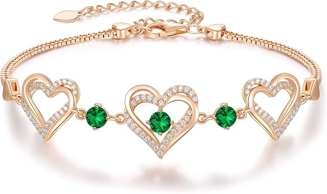 CDE Heart Women Bracelets Birthstone Jewellery for Women 925 Sterling Silver Charm Bracelet Adjustable Wedding Anniversary Birthday Jewelry Gifts for Her Girls Wife Girlfriend