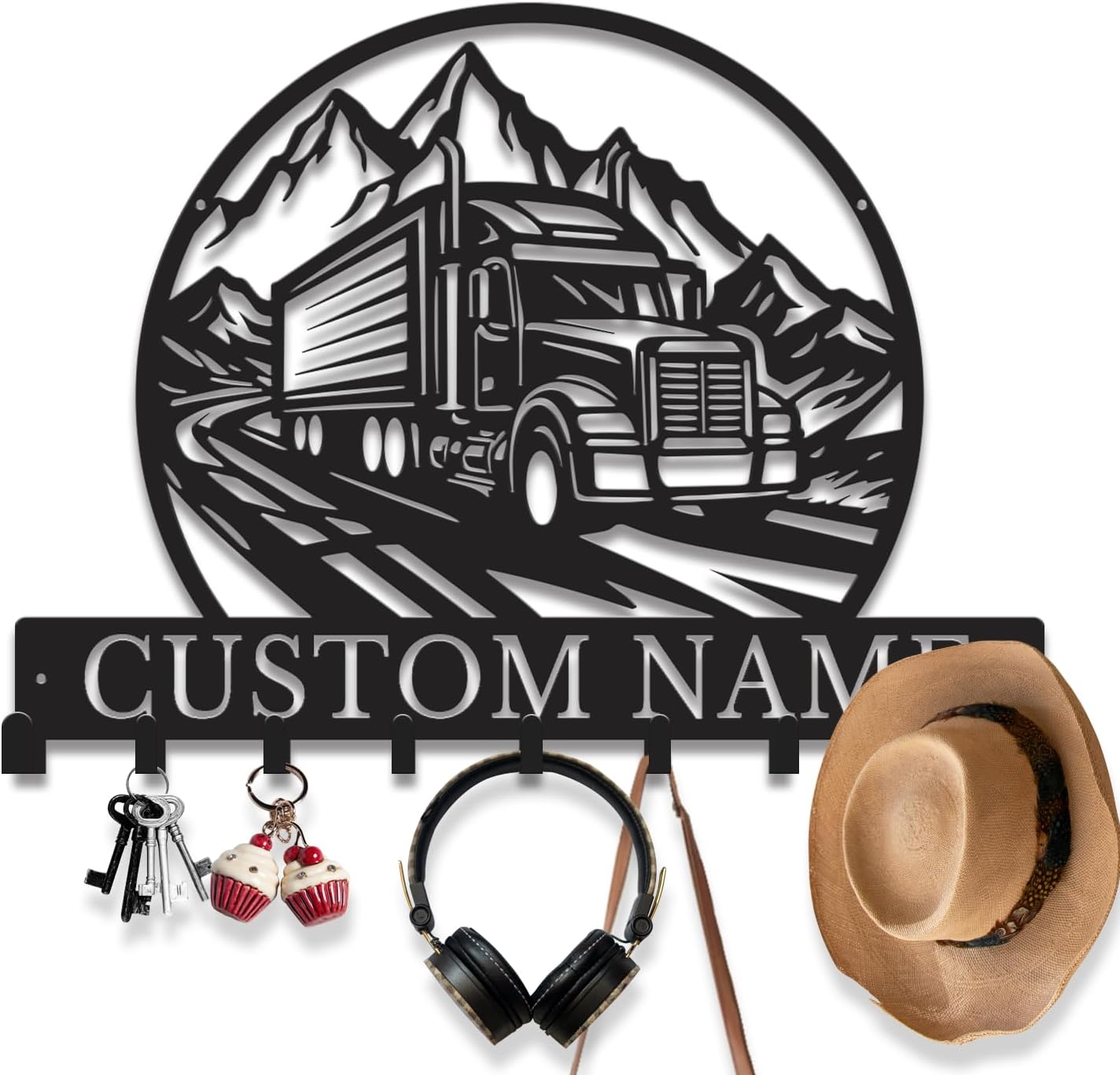 Personalized Truck Wall Organizer, Custom Garage Key Holder, Semi Truck Key Rack Coat Hanger, Rustic Key Hooks for Wall, Entryway Mudroom Decor (Style-2)