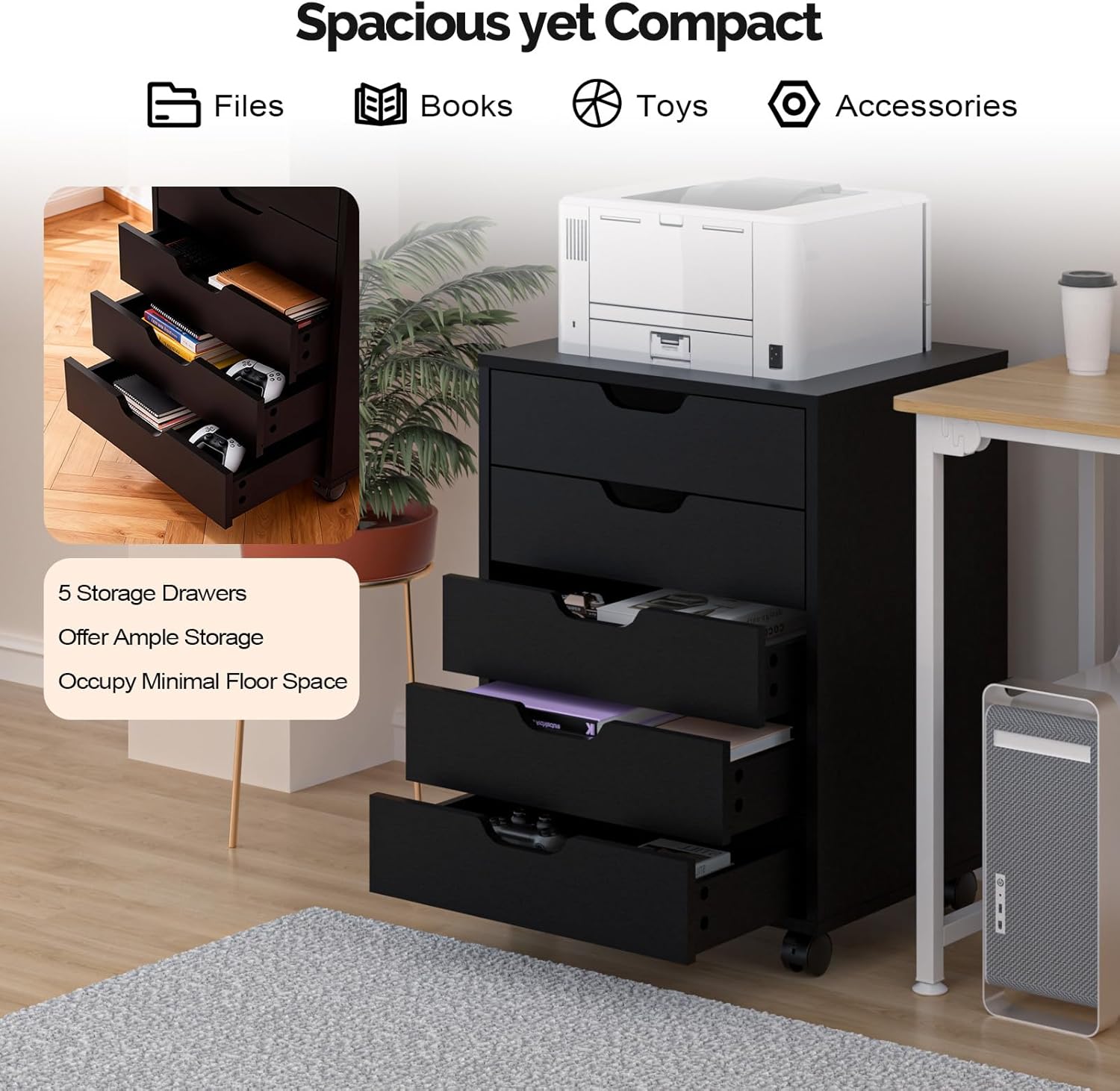 VINGLI 5 Drawers Mobile File Cabinet with Wheels, Under Desk Storage Organization, Vertical Filing Chest Rolling Wood Small Desk Printer Stand for Home Office, 19" W × 15.8" D × 25.6" H, Black