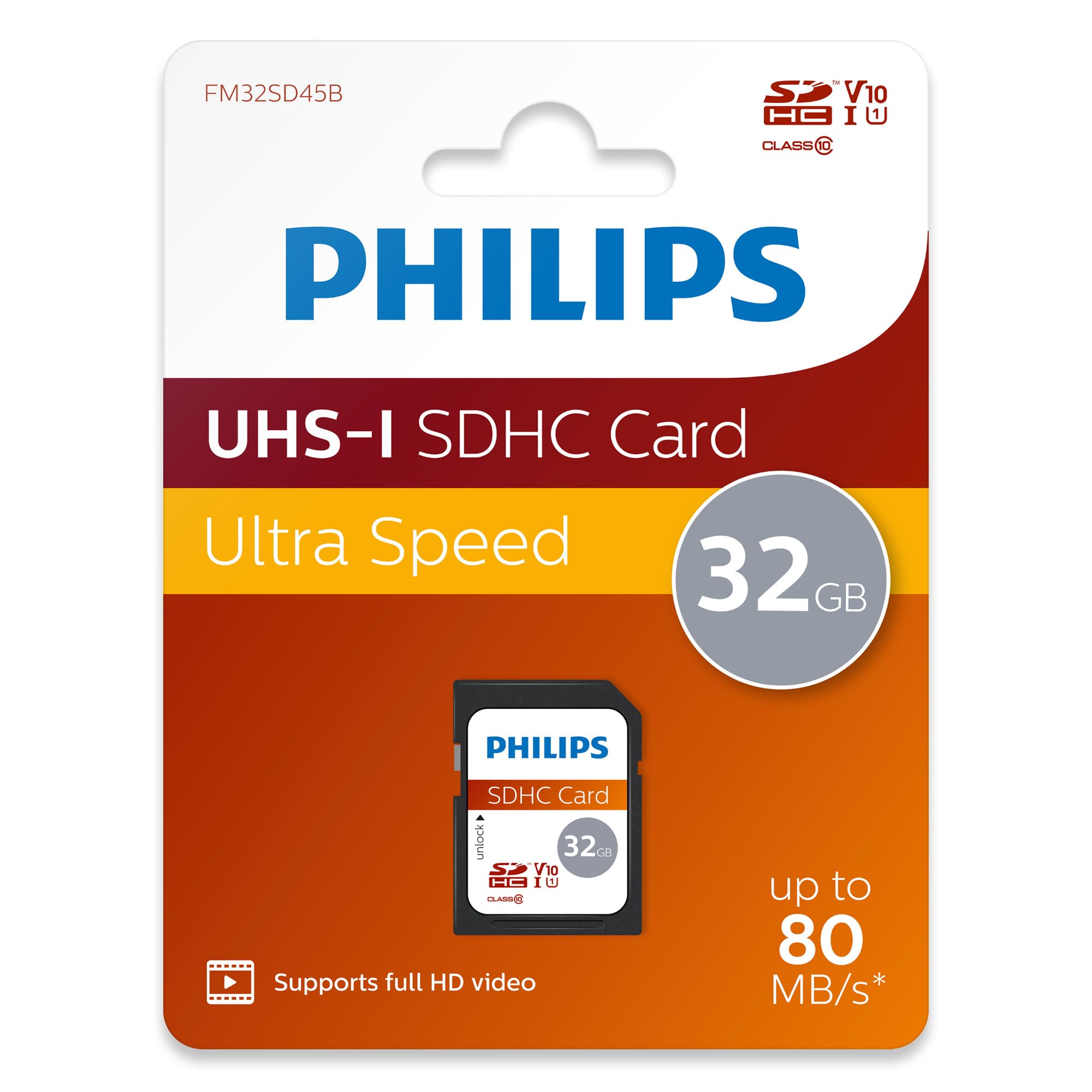 Philips Ultra Speed SDHC Card 32 GB UHS-I U1, velocità di lettura fino a 80 MB/s, V10, scheda di memoria per fotocamere, tablet, PC, lettore di schede, video Full HD