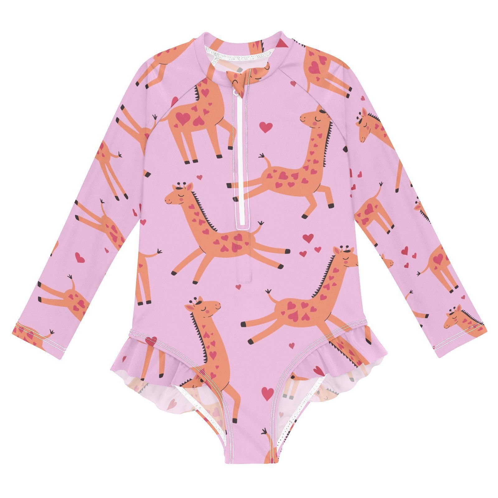 susiyo Love Giraffe Girls Long Sleeve One Piece Swimsuits Rash Guard Bathing Suit UPF 50+ Zipper Girl Swimwear