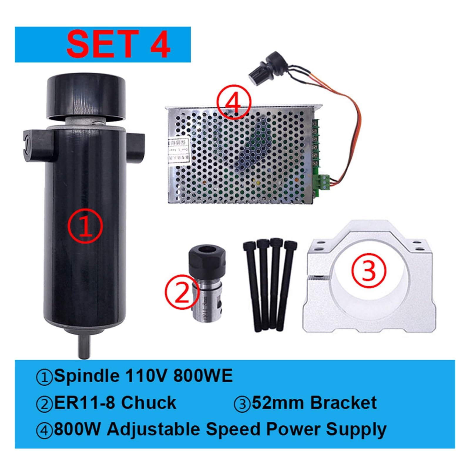 Zestaw silnika wrzeciona CNC Wrzeciono 100 V 800WE Zestaw 0~110 DC Regulacja prędkości Zasilacz regulatora do maszyny grawerującej(100V 800WE 4)