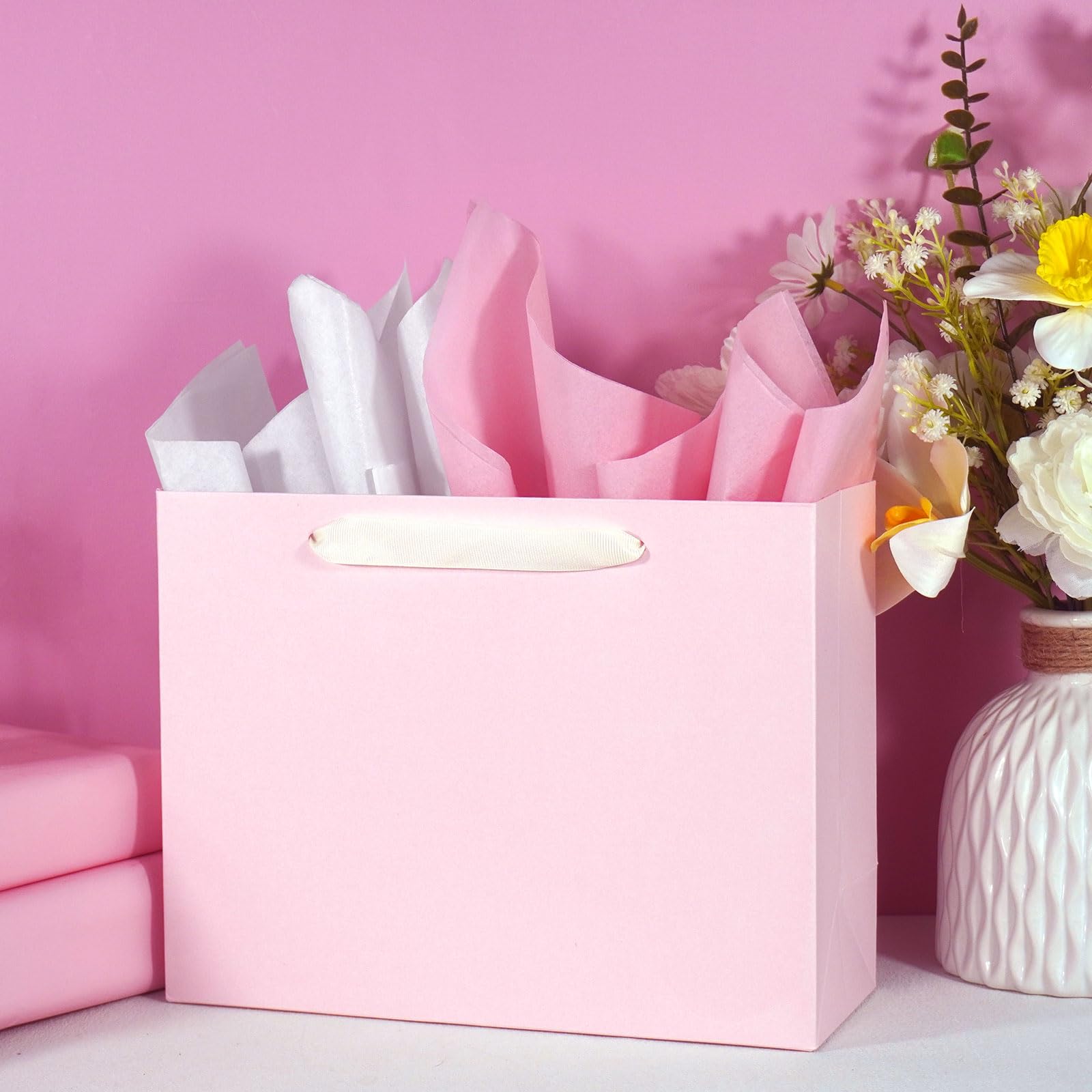 Padiaet 6 Pack Medium 10.5"x4"x8.1" Pink Gift Bags with Tissue Papers, Kraft Shopping Bags with Ribbon Handles, Retail Wrapping Set for All Occasions