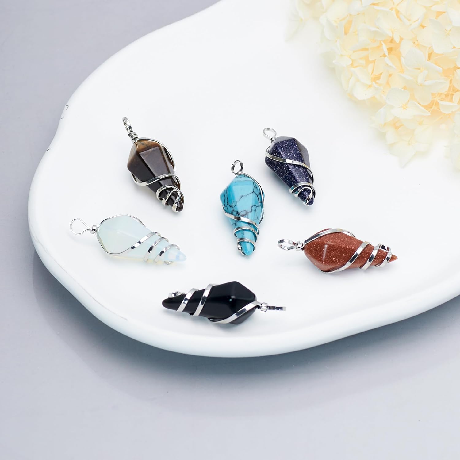 6 Pieces Natural Stone Pendant Wire Wrapped Hexagonal Healing Quartz Crystal Point Gemstone Wand Charm for Jewelry Making Necklace Bracelet - Image 2