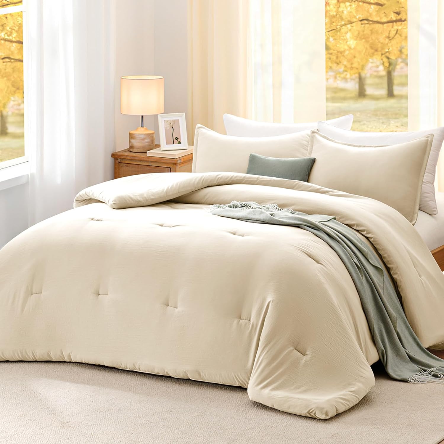 Queen Comforter Set Cream,3PCS Soft Lightweight Breathable Bedding Comforter for All Season, Queen Size(90''×90'' Comforter & 2 Pillowcases) - Image 7