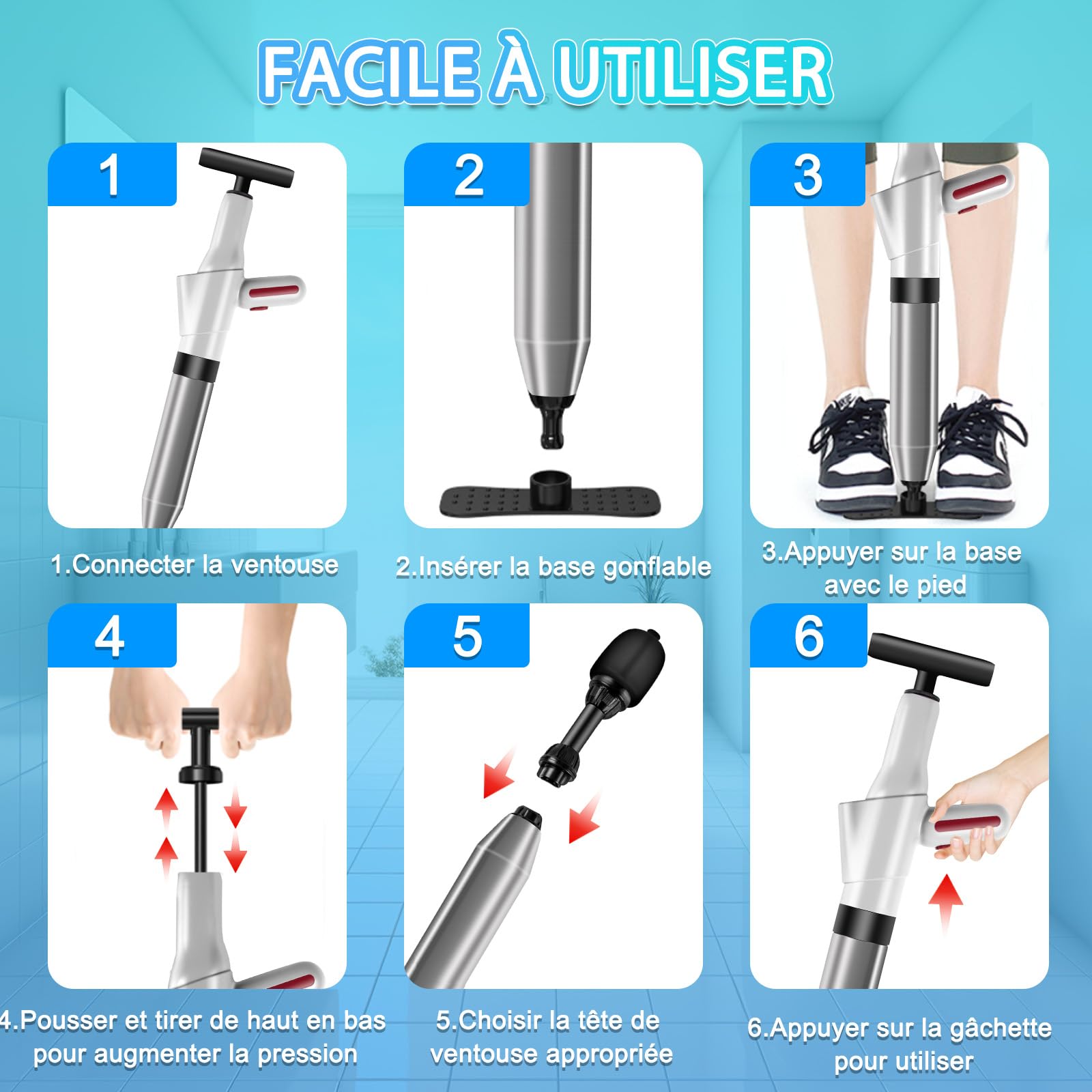 Déboucheur WC Haute Pression avec Manomètren, Ventouse Deboucheur à 4 Ventousesl, Déboucheur de Toilette à Air Comprimé pour Lavabo, Toilettes, Salle de Bain, Douche et Cuisine