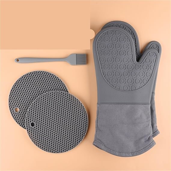 Oven Mitts 5Pcs Microwave Heat Insulation Silicone Baking Gloves Oven Pot Holder Nonslip Grilling Pad Hand Clip for Kitchen
